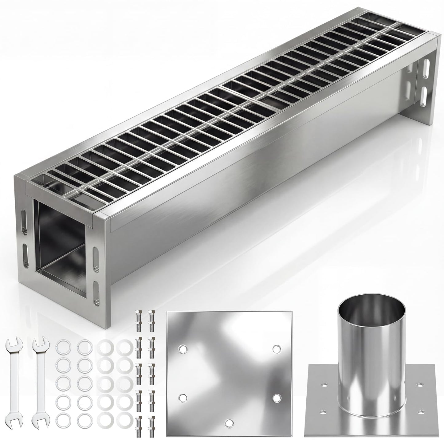 304 Stainless Steel Channel Drain Kit, 39.4x6.1x5.9inTrench Drainage System with Galvanized Steel Grate, Heavy Duty Channel Drain Kit for 2.3" Pipe, Outdoor for Driveway, Garage and Yard