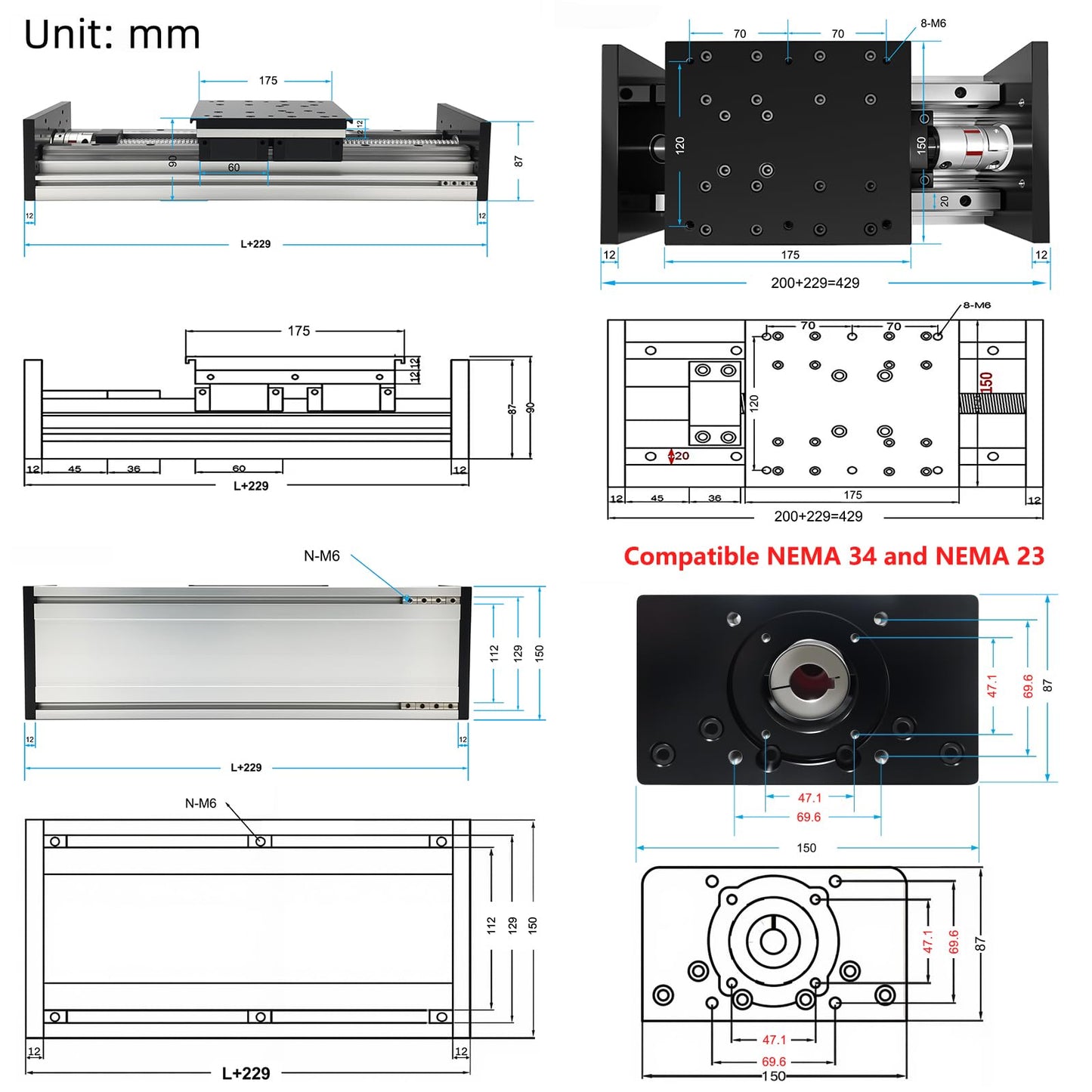 Electric Linear Stage Heavy Duty Load 550 lb 250KG Ballscrew 2005 Double Rail Guide Four Slide 8 Inch 200mm Stroke Slide Stage Compatible Nema23 57mm NEMA34 86mm Stepper Motor for CNC Router
