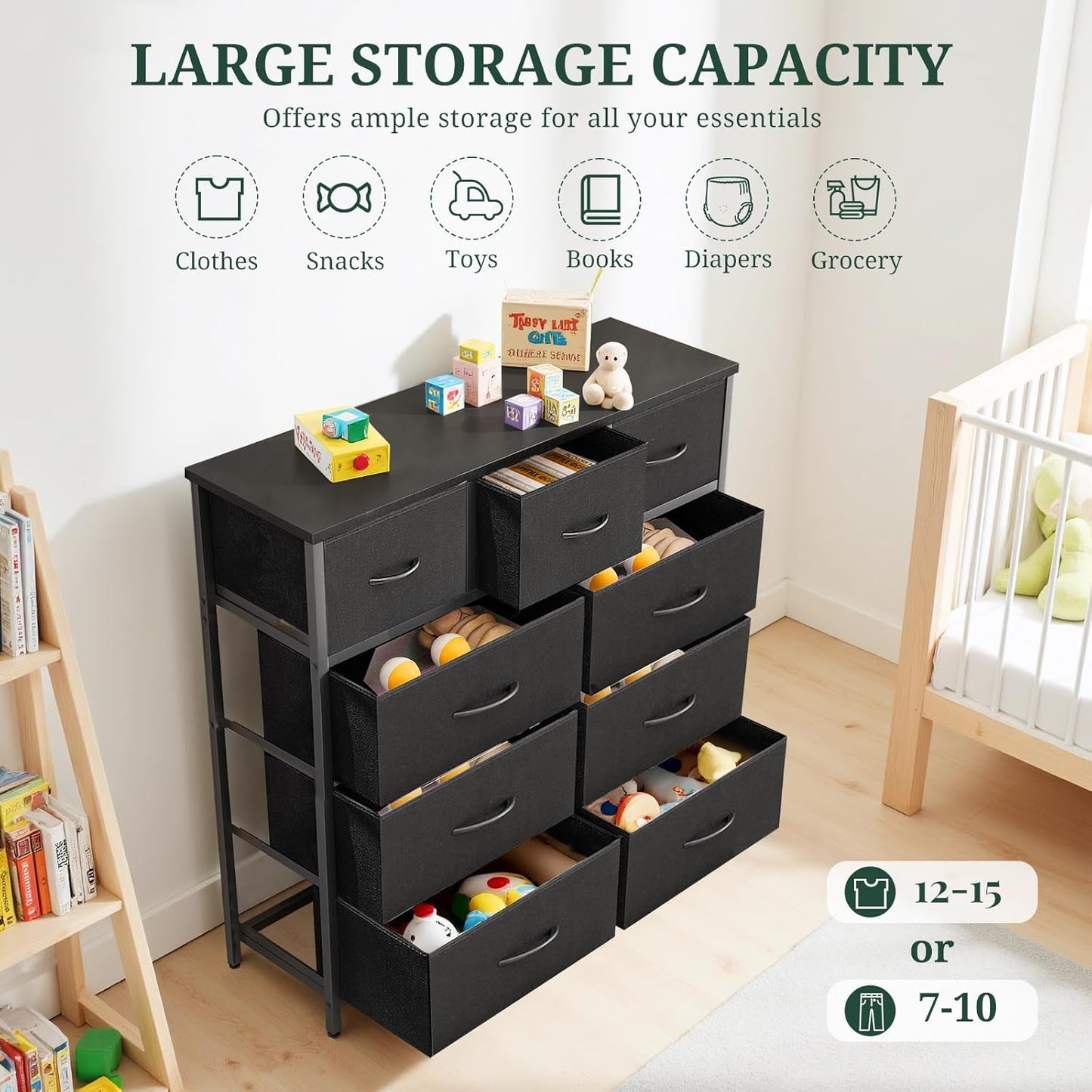 Regine Switzerland 9-Drawer Dresser - Anti-Tip Storage Organizer with Wooden Top & Metal Frame | Black