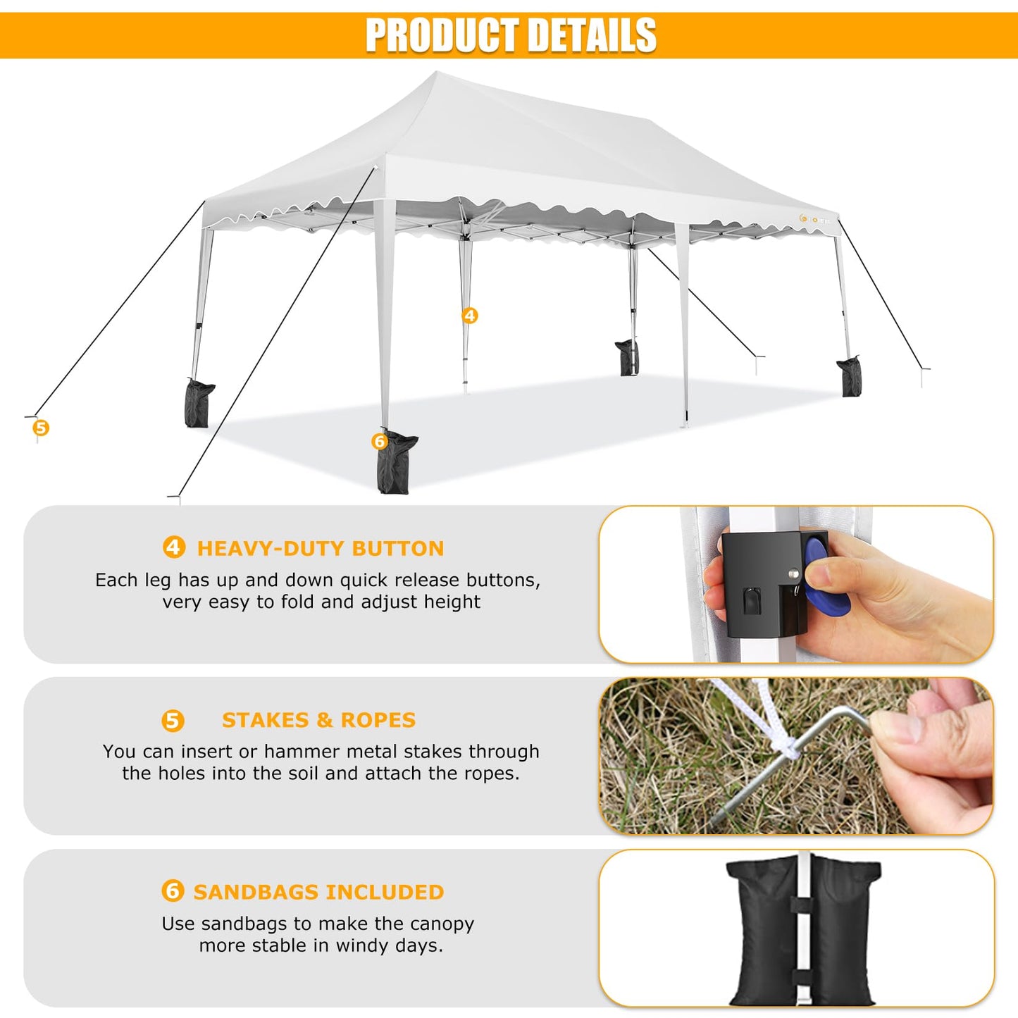 HOTEEL 10x20 Pop Up Canopy, Outdoor Easy Setup Party Tent, Waterproof Portable Enclosed Event Shelter with Wheeled Bag, Weight Bag for Backyard, Vendor, White
