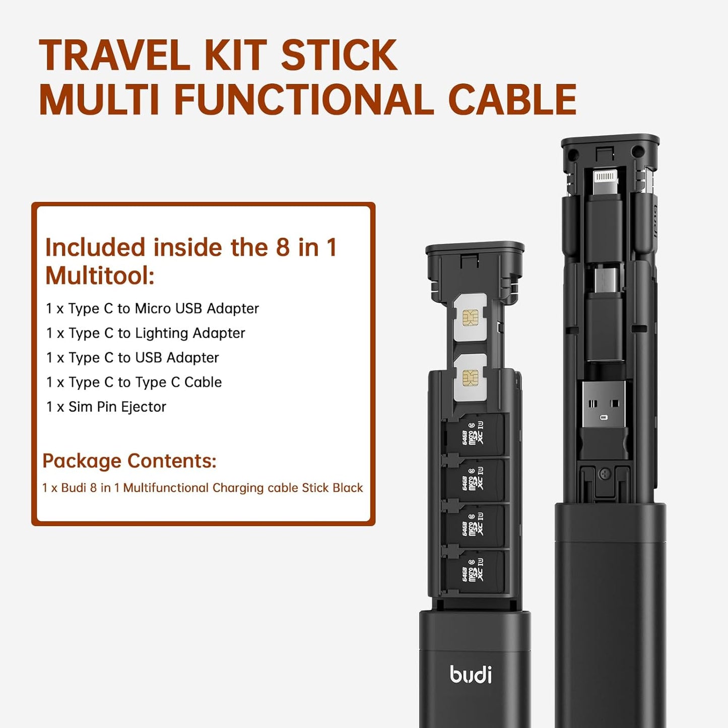 BUDI Multifunctional Compact Cable Card Travel Portable Aluminum Storage Case with Sim Card Tray Pin Eject Removal Tool