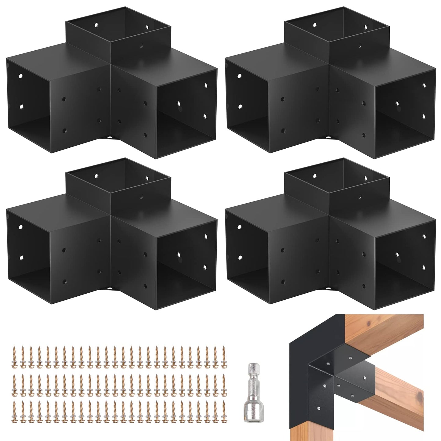TOCRETOARE Pergola Kit, 4 Pack Woodworks Pergola Brackets 6" x 6" (Actual: 5.5x5.5 Inch), 3-Way Right Angle Corner Brackets, Powder-Coated Pergola Hardware, for Lumber Pergola Gazebo