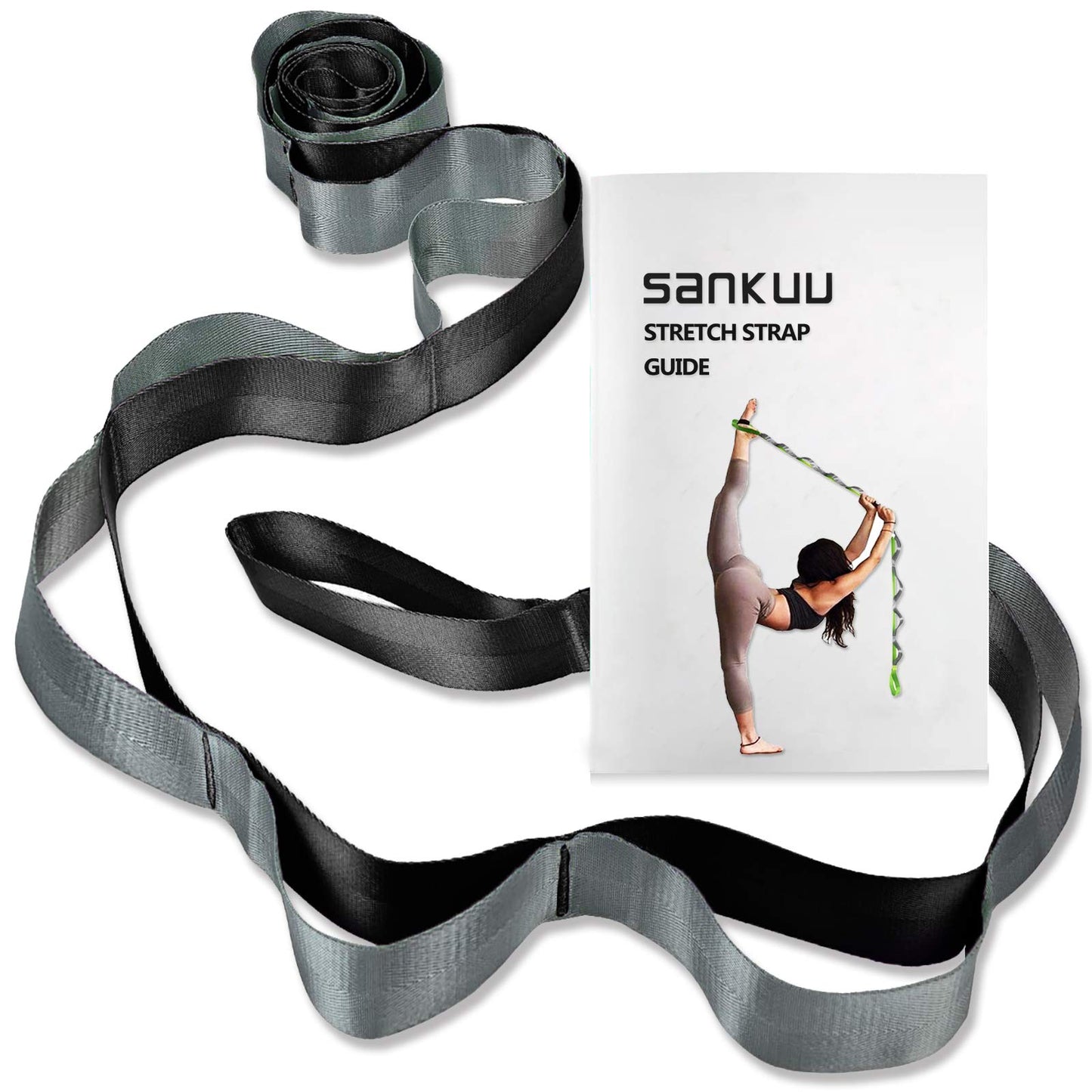 SANKUU Yoga Straps Stretching Strap with 12 Loops Workout Poster, Straps for Stretching Physical Therapy Equipment Long Stretch Out Bands for Exercise, Pilates and Gymnastics for Women Men (Black)