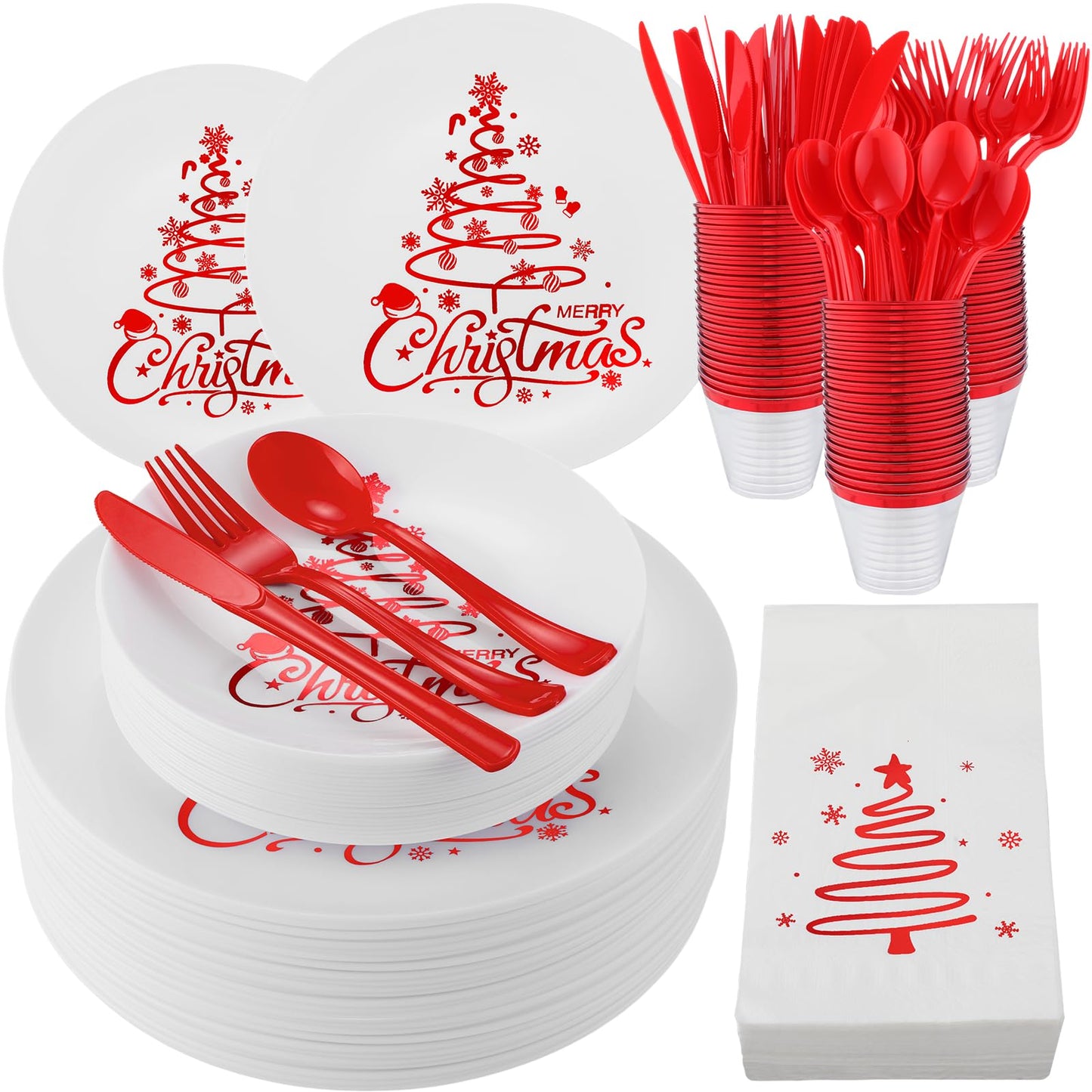 Shellwei Christmas Plastic Dinnerware Set, Xmas Disposable Plates Includes 40 Dinner Plates 40 Cup 40 Dessert Plate 40 Paper Napkins 40 Forks Knives Spoons Supplies for Christmas(Red White,Xmas Tree)