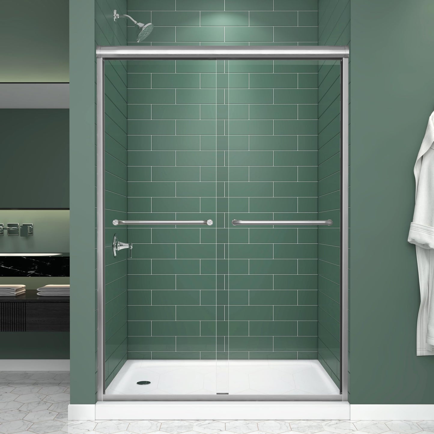 FELYL Double Sliding Shower Door 43-48" W x 72" H, Brushed Nickel, Bypass Shower Door, Clear Glass, Framed, 1/4" (6mm) Tempered Glass