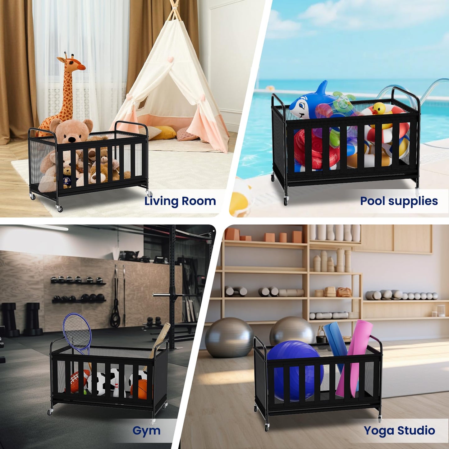 storenization Ball Storage Bin Large with Wheels, Outdoor Ball Storage for Garage, Sports Equipment Organizer Storing Volleyball, Basketball, Toys, Soccer and Baseball
