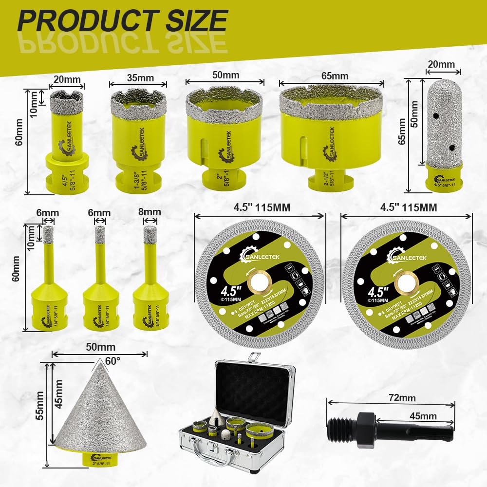Tile Hole Saw Kit - Diamond Core Drill Bits Set SANLEETEK for Porcelain Tile Ceramic Marble 6/6/8/20/35/50/65MM+4/5'' Finger Bit+2" Chamfer Bit+2pcs 4.5" Saw Blade+SDS, 12pcs