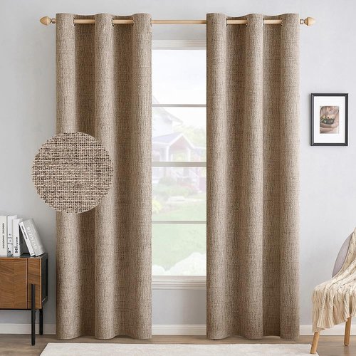 MIULEE 100% Blackout Linen Textured Curtains - Thermal Insulated Copper Brown Grommet Drapes | 42 x 84 Inch (2 Panels)