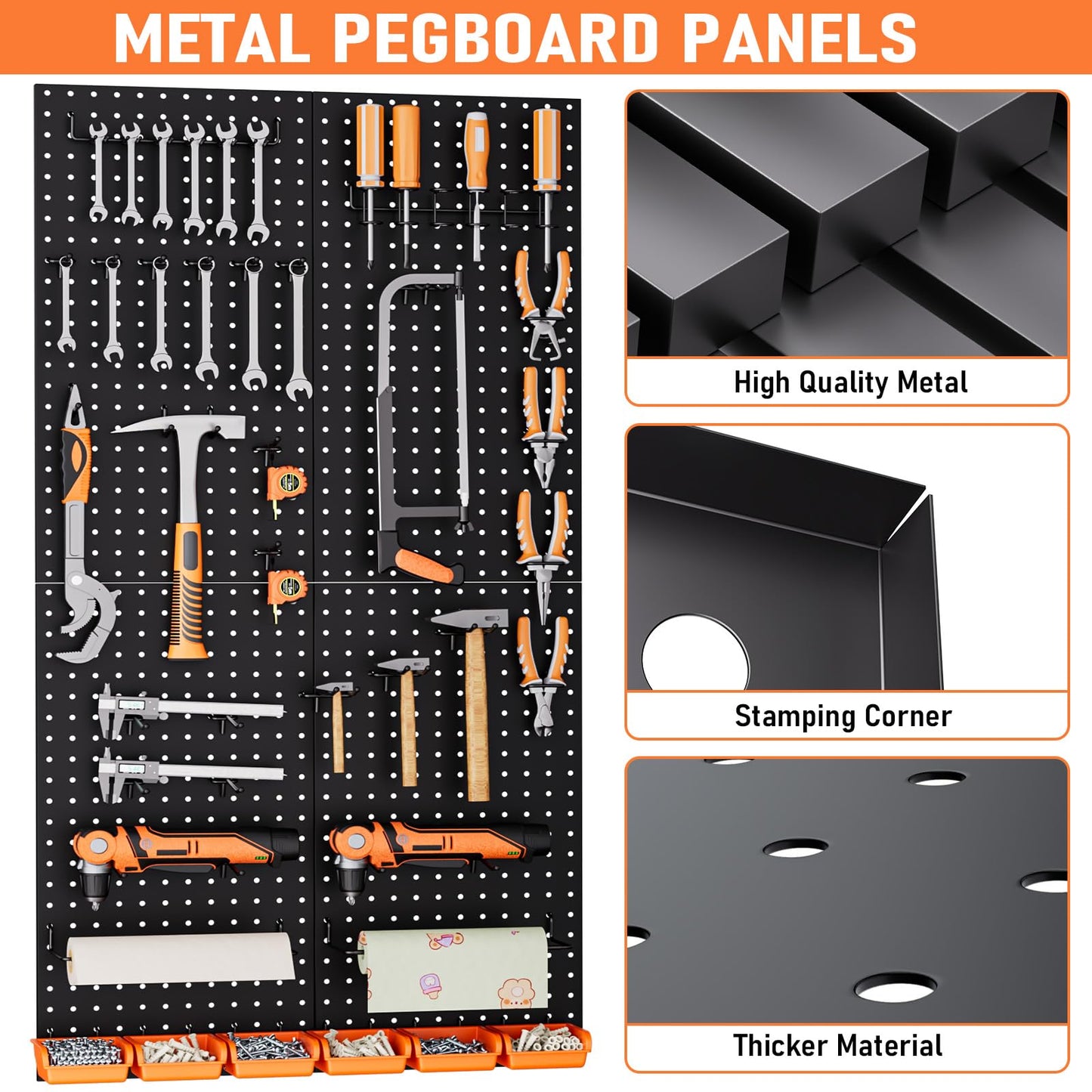 INCLY 48x24 Inch Metal Peg Board Kit with 1/4" Pegboard Hooks Accessories, 4PCS Pegboard Panels and 156PCS Black Pegboard Wall Organizer Tool Storage System for Garage Workbench Shed