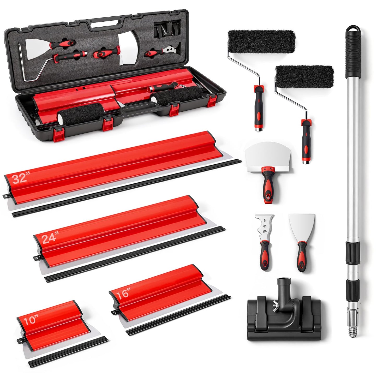 Pektiftn Drywall Skimming Blade Set with Portable Case, 10"+16"+24"+32" Skimming Blades, 28"-61" Extension Handle, 2 Drywall Compound Rollers and 3 Drywall Tools for Drywall, Plaster, Wallboard