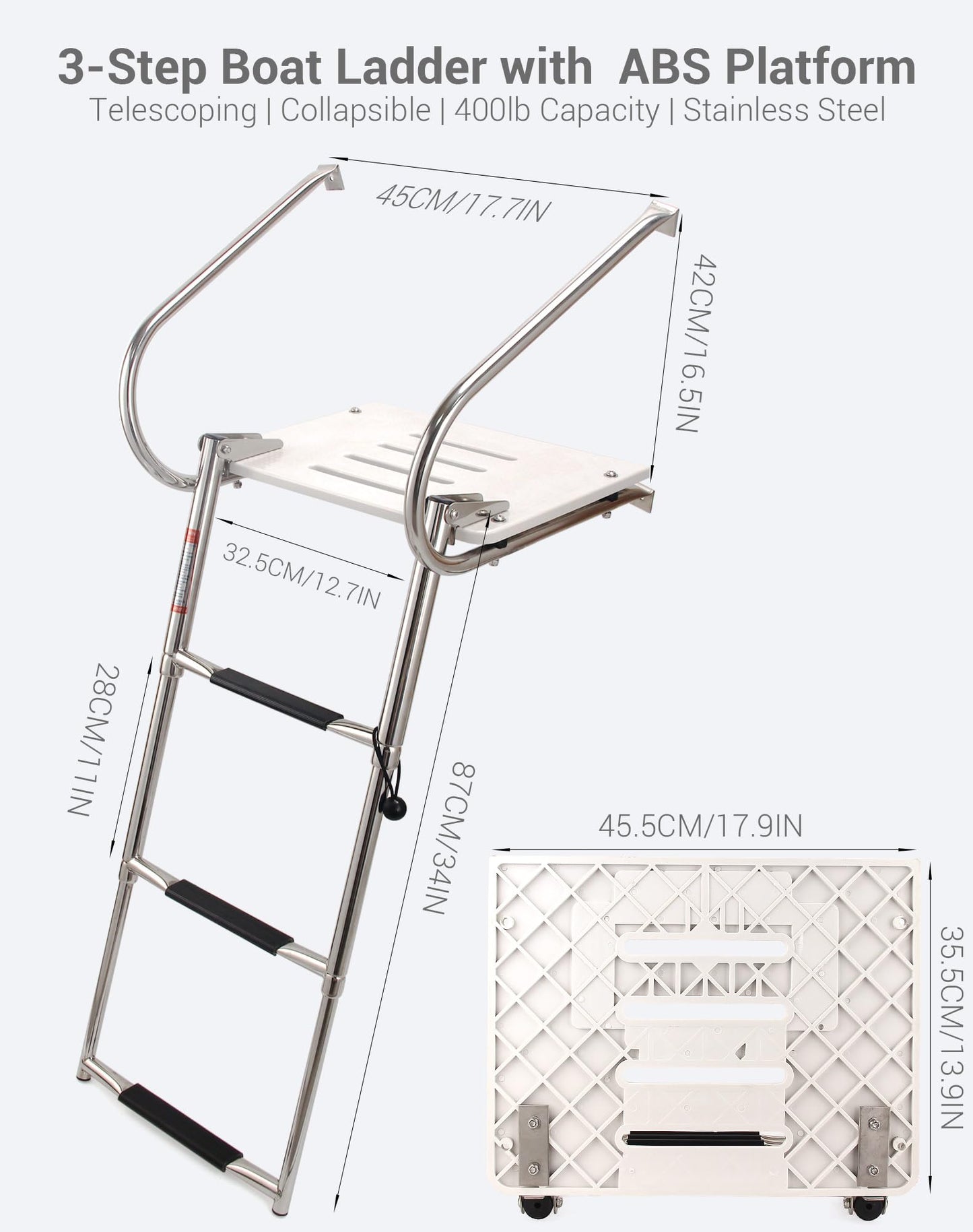 Mojiate 3-Step ABS Telescoping Boat Ladder | Stainless Steel Swim Platform with Handrails | 400lb Capacity | Collapsible for Pontoon, Dock & Yacht
