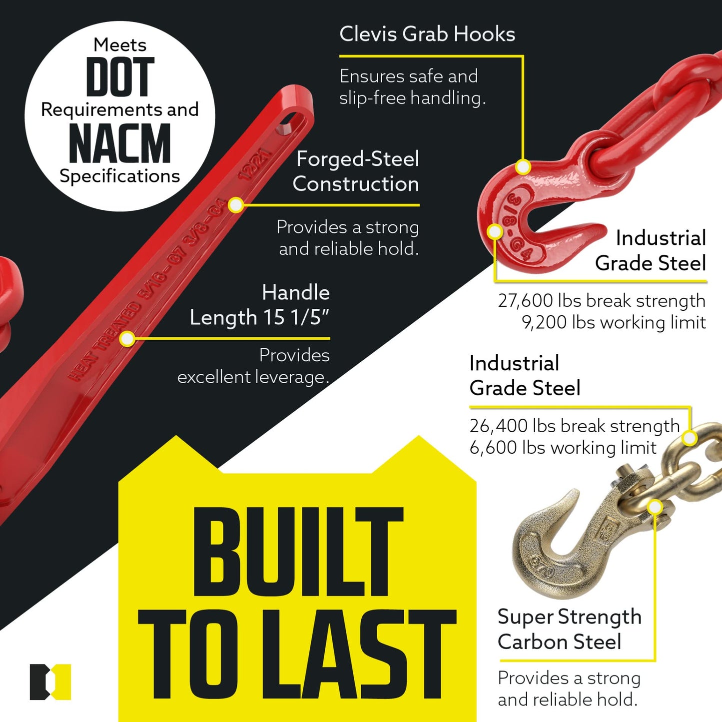 DC Cargo Chain Binder Kit | 3/8" Grade 70 Extra Long 20 Foot Chain - and Load Binder Set | Heavy Duty Ratcheting Chain and Binder | Load Chain and Binders – 6,600lb Working Load Limit As Set