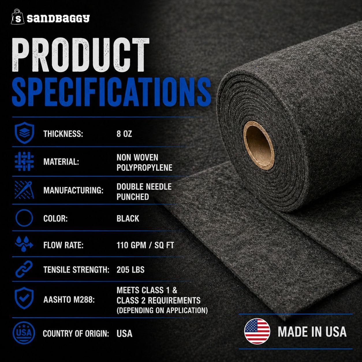Sandbaggy Soil Stabilization Fabric | Non-Woven Geotextile Landscape Fabric (8 oz) – Ground Stabilization Fabric for Driveways & Roads | USA Made (10 ft x 50 ft Roll)