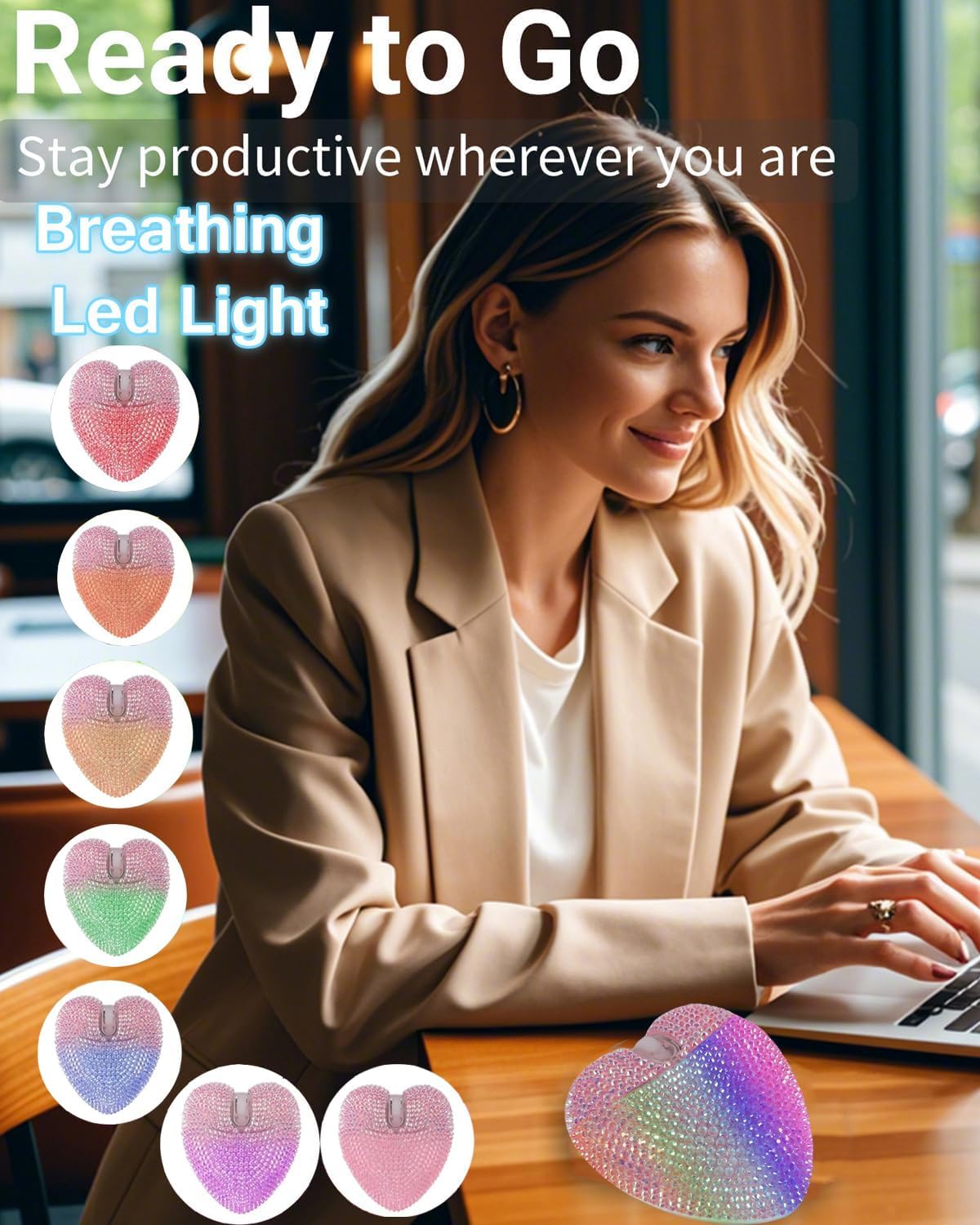 SHARE SUNSHINE Wireless Bluetooth Mouse Cute Pink Love Heart Shinning Led Light Silent Portable Lightweight USB Optical