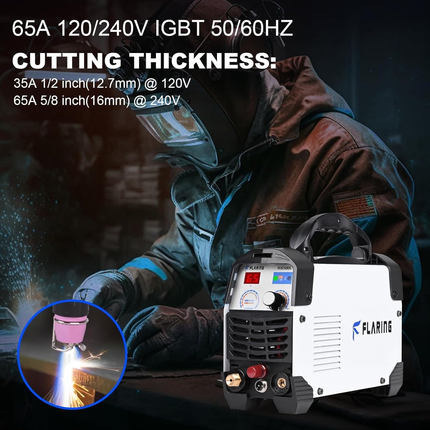 FLARING FC650DL Plasma Cutter 65 AMP Non Touch Pilot Arc Plasma Cutter Machine 120/240V Dual Voltage, High Frequency IGBT Inverter, 1/2"(12.7mm) Clean Cut 5/8"(16mm) Severance Cut with Consumable Set