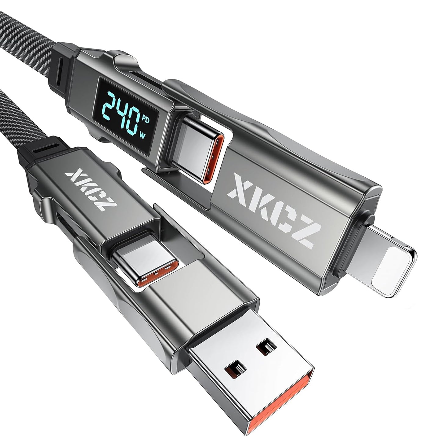 4 1 240W 3FT XKCZ in USB C Cable Lightning Cable with Wattage Display, Flat Nylon Braided Multi Charge Cable with Data