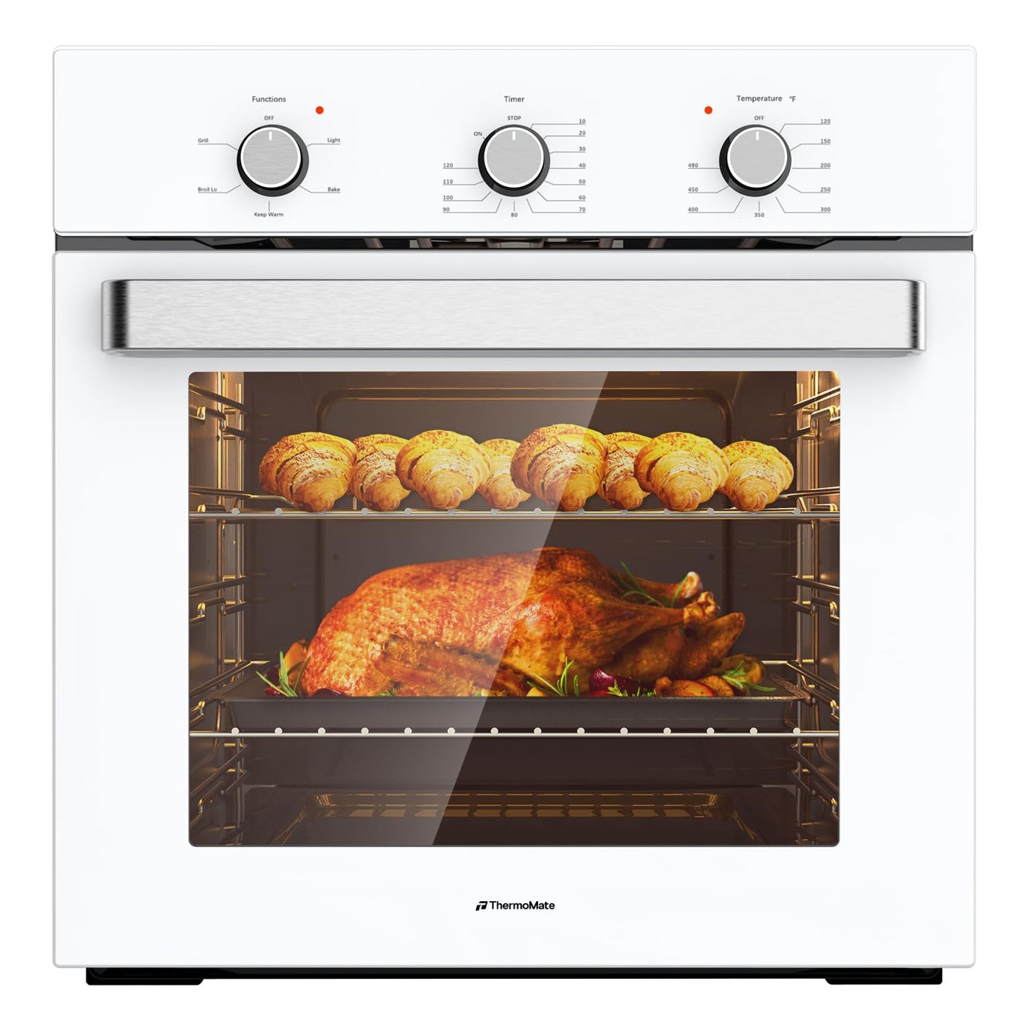 24" Single Wall Oven, ThermoMate 2.8 Cu.ft. Electric Wall Oven with 5 Cooking Functions, White Built-in Ovens with Mechanical Knobs Control, ETL Certified
