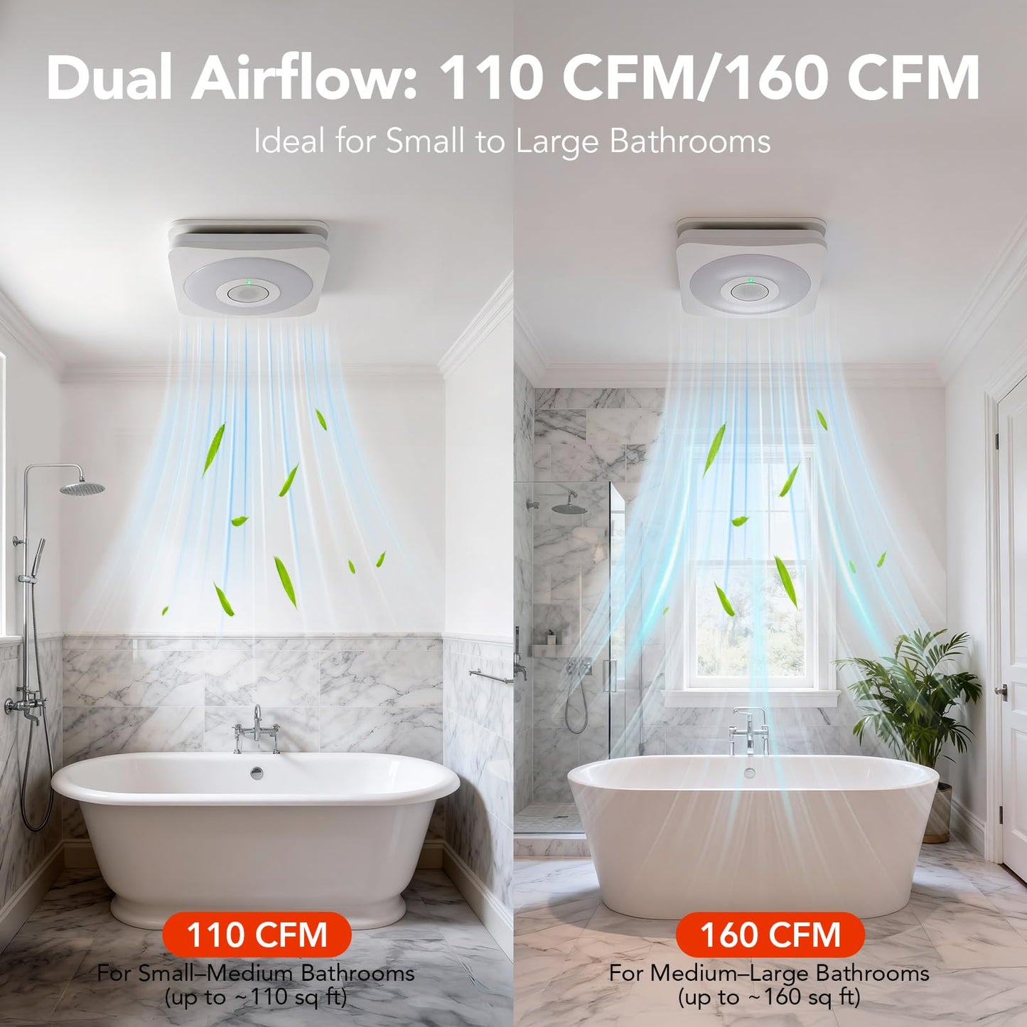 OREiN 3-in-1 Bathroom Exhaust Fan with Bluetooth Speaker & LED Light, 110/160 CFM Quiet Ventilation Fan, 1500LM, 2700K-6500K Adjustable, Night Light, Remote Control, 11.39" x 10.42" Ceiling Cut-Out