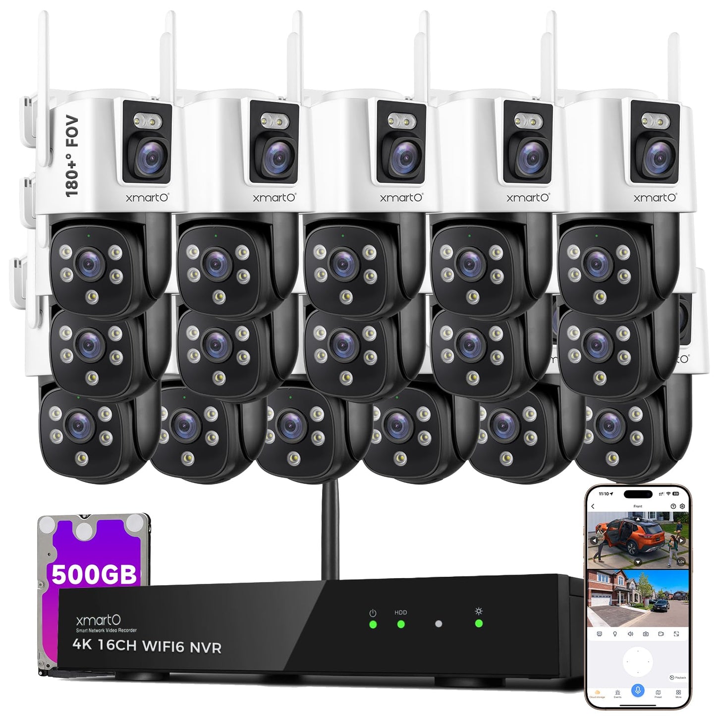 xmartO [16 Dual-Lens Camera Bundle 32-View Long Range WiFi6 Mesh Security System, 16CH 4K Dual Band NVR, 4MP 180°+Static FOV & 360°PTZ AI Tracking, 24/7 Plug-in Surveillance,500GB HDD,No Monthly Fee