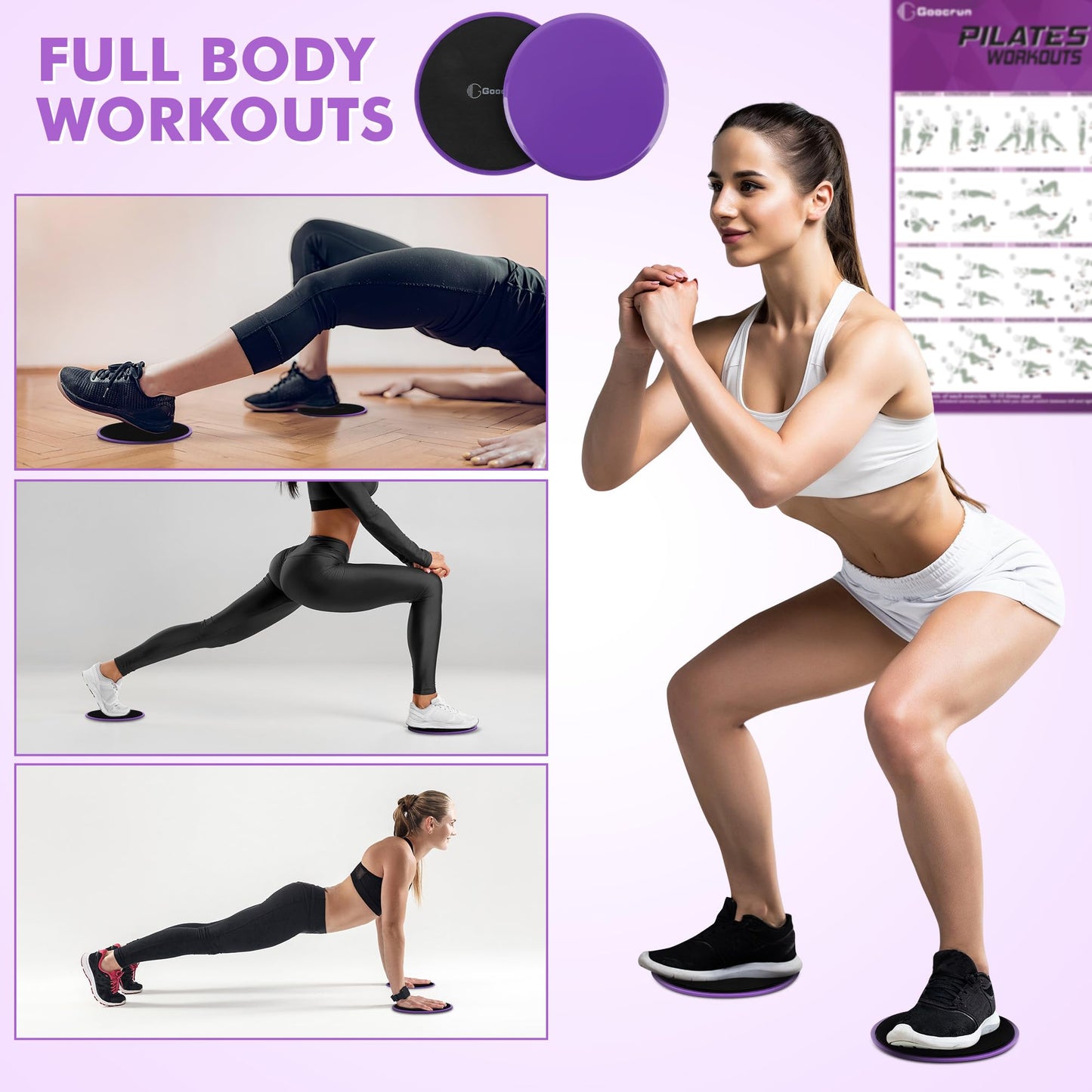 Goocrun Pilates Ring Set Exercise Equipment, with Fabric Resistance Bands Set, Pilates Ball, Sliding Disks. Portable Home Gym - with Fitness Guide Poster (Purple)