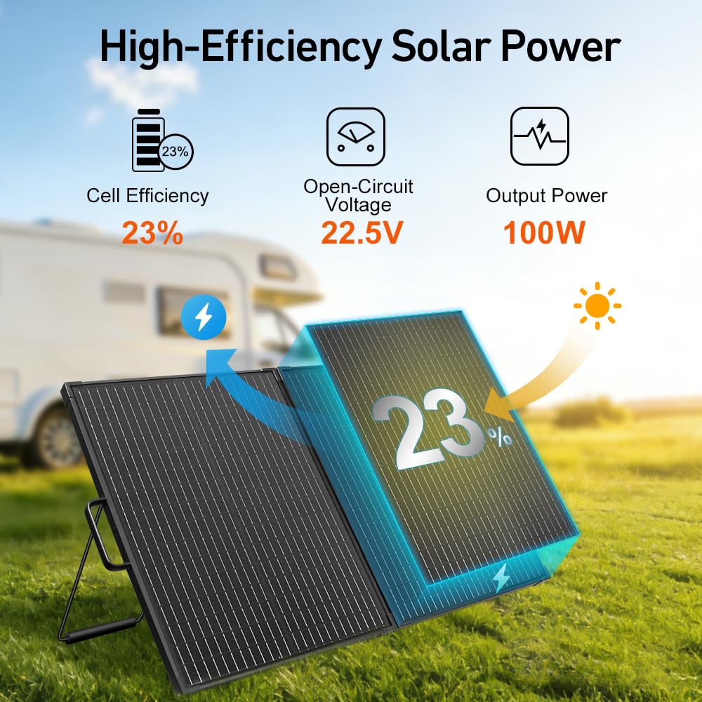 DOKIO Solar Suitcase 100W Portable Foldable Solar Panel 18v Monocrystalline 23.8 * 19.3 * 1.3in with Controller to Charge 12 Volts Batteries (All Lead/Acid Types: Vented AGM Gel) RV Camping Marine