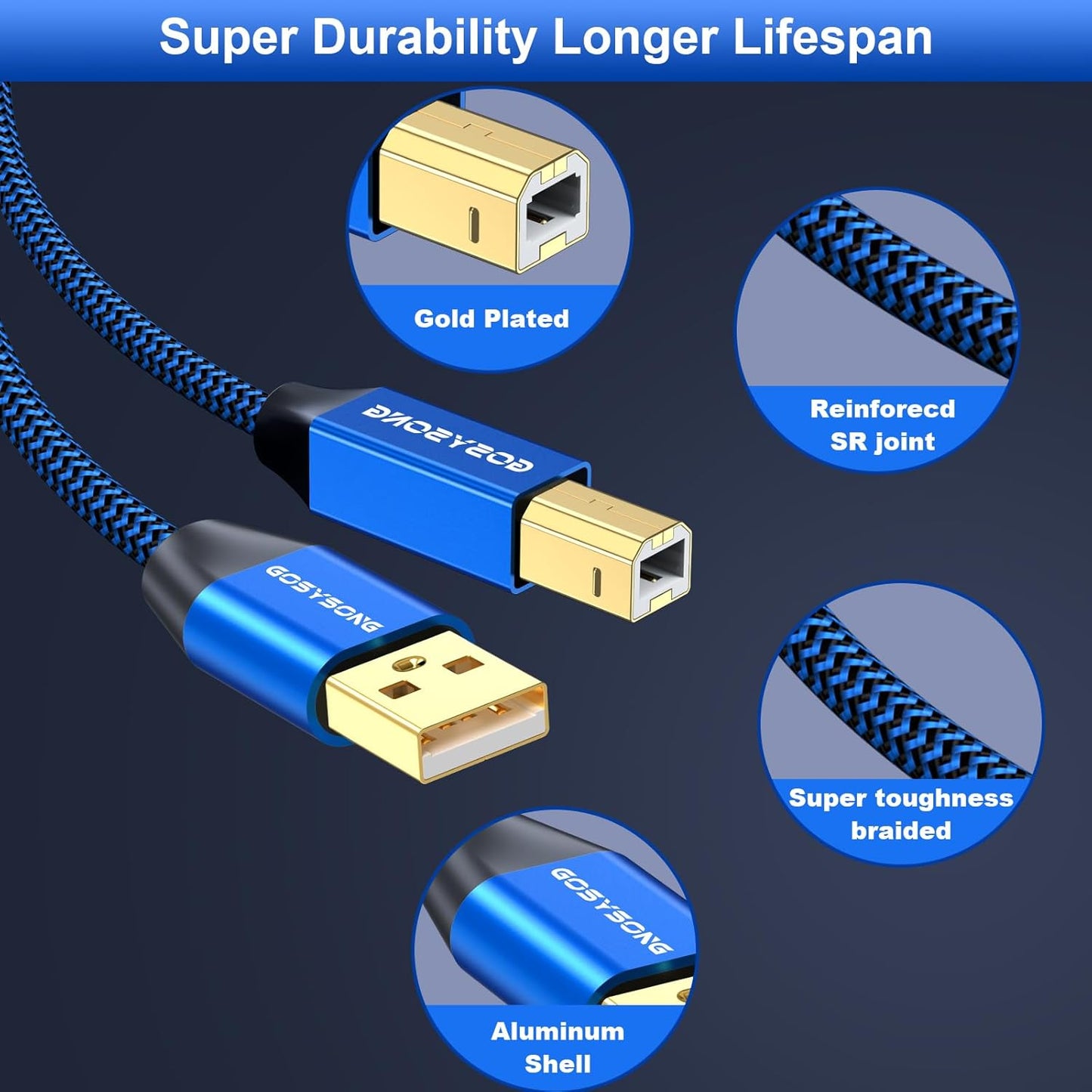 40ft Active USB A to B Cable - High Speed Long Printer USB