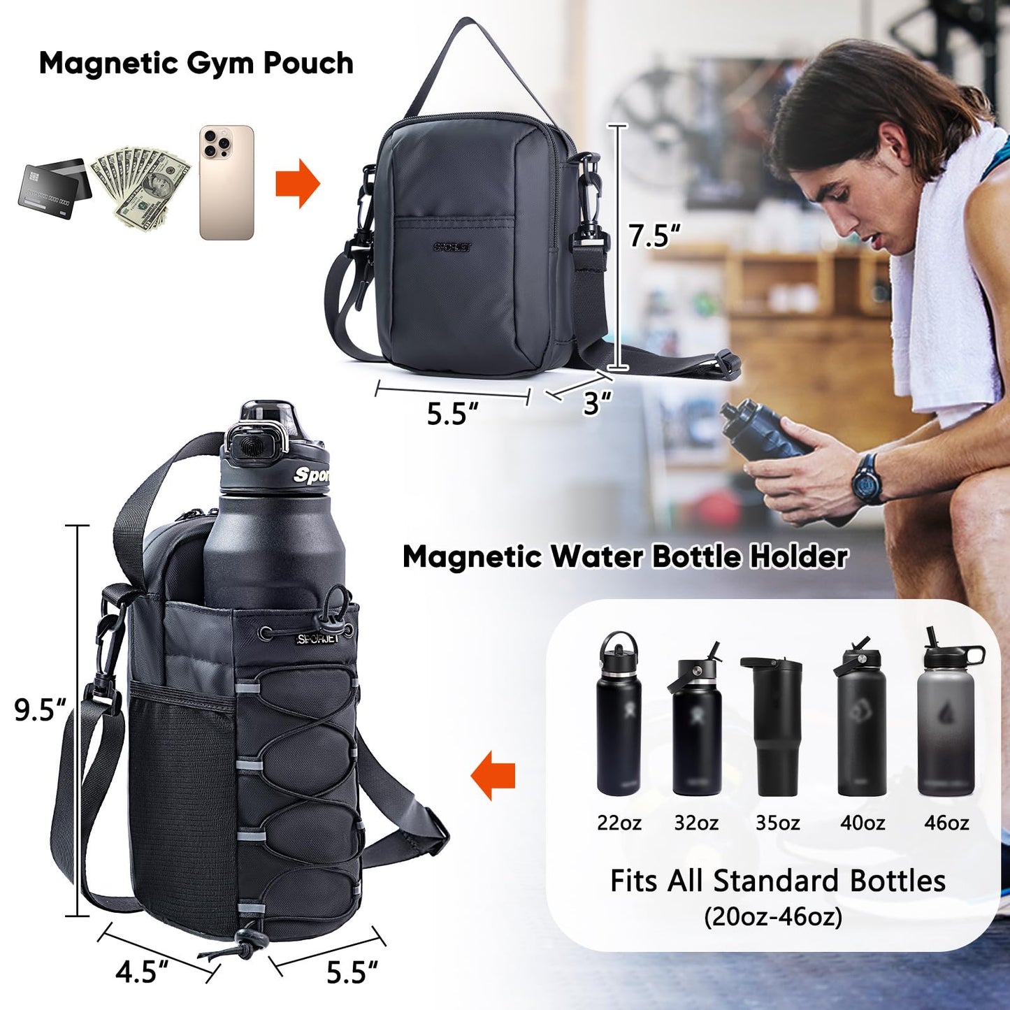 SPORJET 2-Pack Magnetic Gym Bag for Water Bottle & Magnetic Gym Pouch – Bottle’s Holder Fits Up to 46oz Bottles– Sling Water Bottles Bag with Strap for Workout, Tank -Men’s & Women’s Gym Accessories