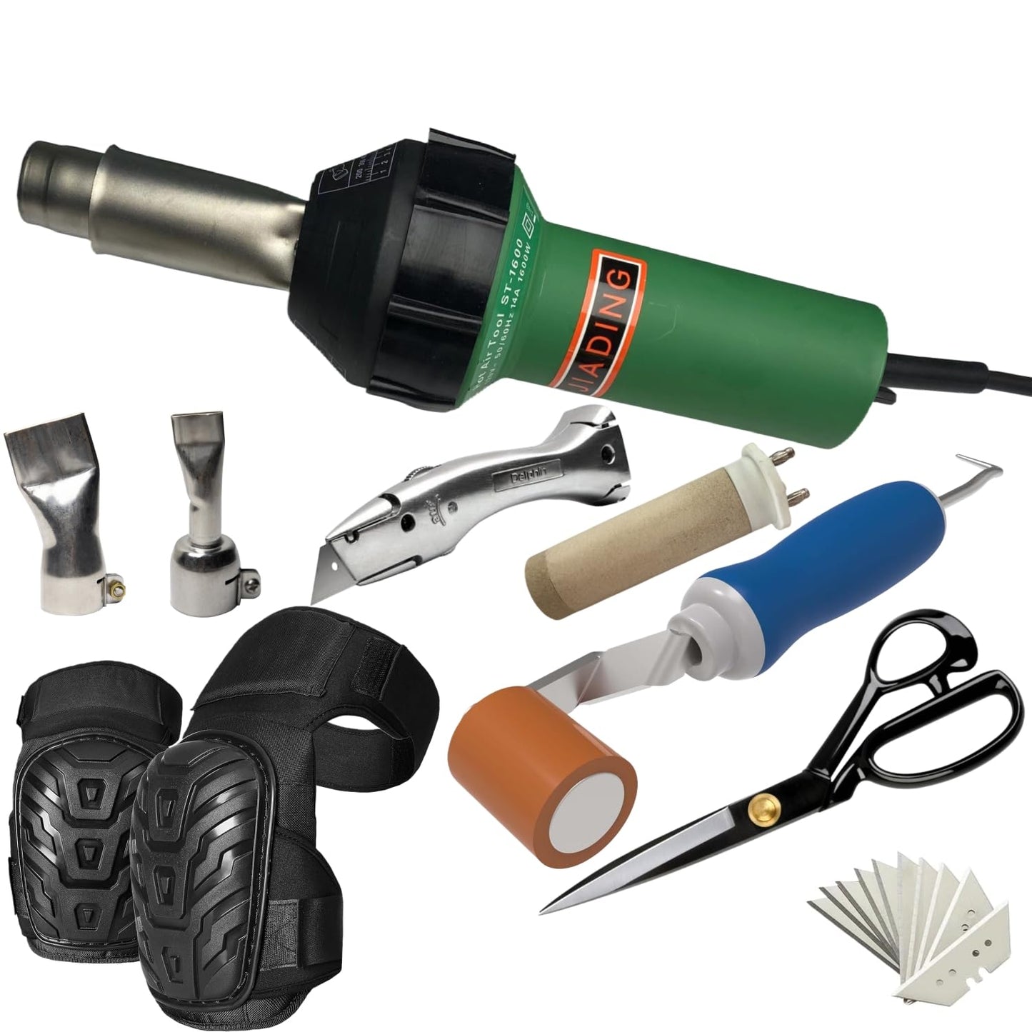 Professional TPO PVC Roofing Hot Air Welding Kit with 1600W Heating Gun, Nozzles, Rollers, Scissors, Professional knee pads, Complete Installation Tools Set (B)