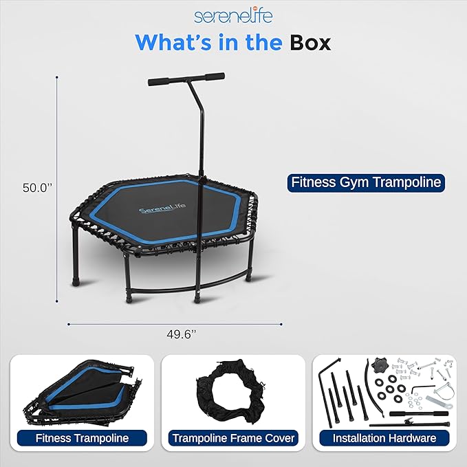SereneLife 40"/50" Mini Trampoline for Adults - 450/550LBS Fitness Trampoline with Reinforced Springs & Adjustable Safety Handle - Stable & Quiet Supports Whole-Body Workout & Relaxation