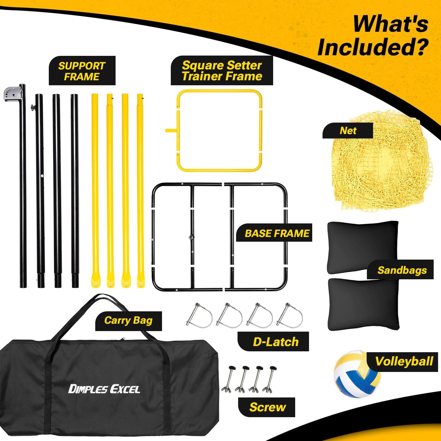 Dimples Excel 10.5 FT Adjustable Volleyball Setter Training Net with 3 Height Levels and 5 Ball Return Angles (70°–180°), Includes Volleyball, Pump, Carry Bag & Sandbags for Indoor/Outdoor Practice