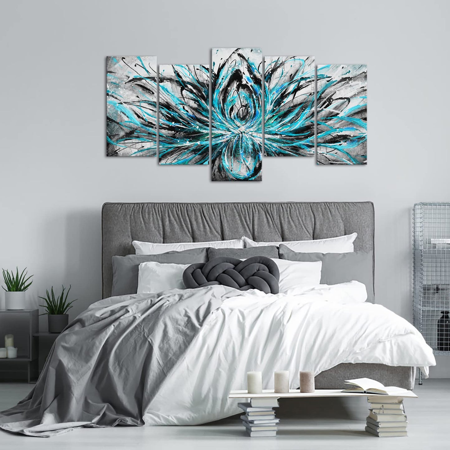 LevvArts Teal and Grey Abstract Canvas Wall Art Turquoise Blue Lotus Flower Painting Prints Artwork for Living Room Bedroom Yoga Room Wall Zen Decoration 60" Wx32 H
