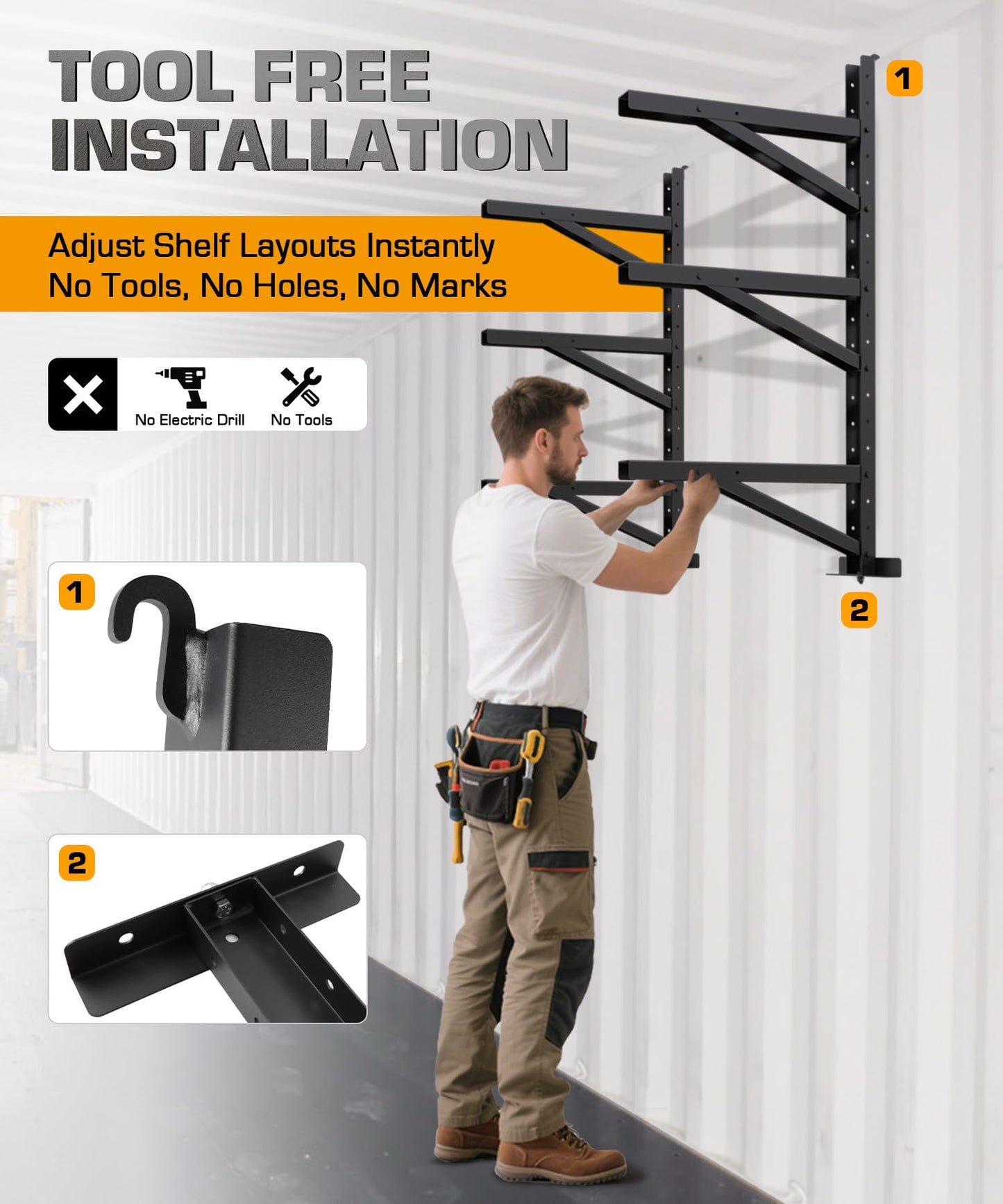 Autoholic Shipping Container Shelving Rack Container Hanging Shelf Brackets Adjustable Rack Fit for 12in 24 in Lumber Efficient Storage Space No-drill Installation Vertical Storage