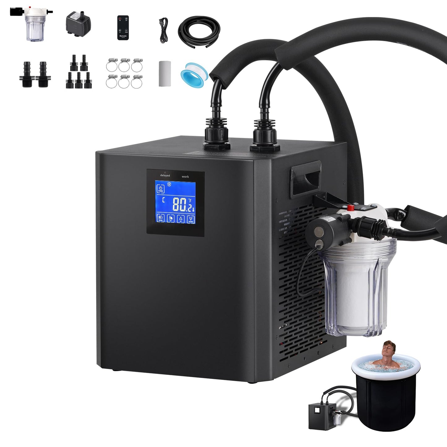 𝙐𝙥𝙜𝙧𝙖𝙙𝙚 Ice Bath Water Chiller, 1/3 HP Water Chiller for Cold Plunge Tubs, with Pump, External Filter and Filter Media, Remote Control, for Home and Professional Use
