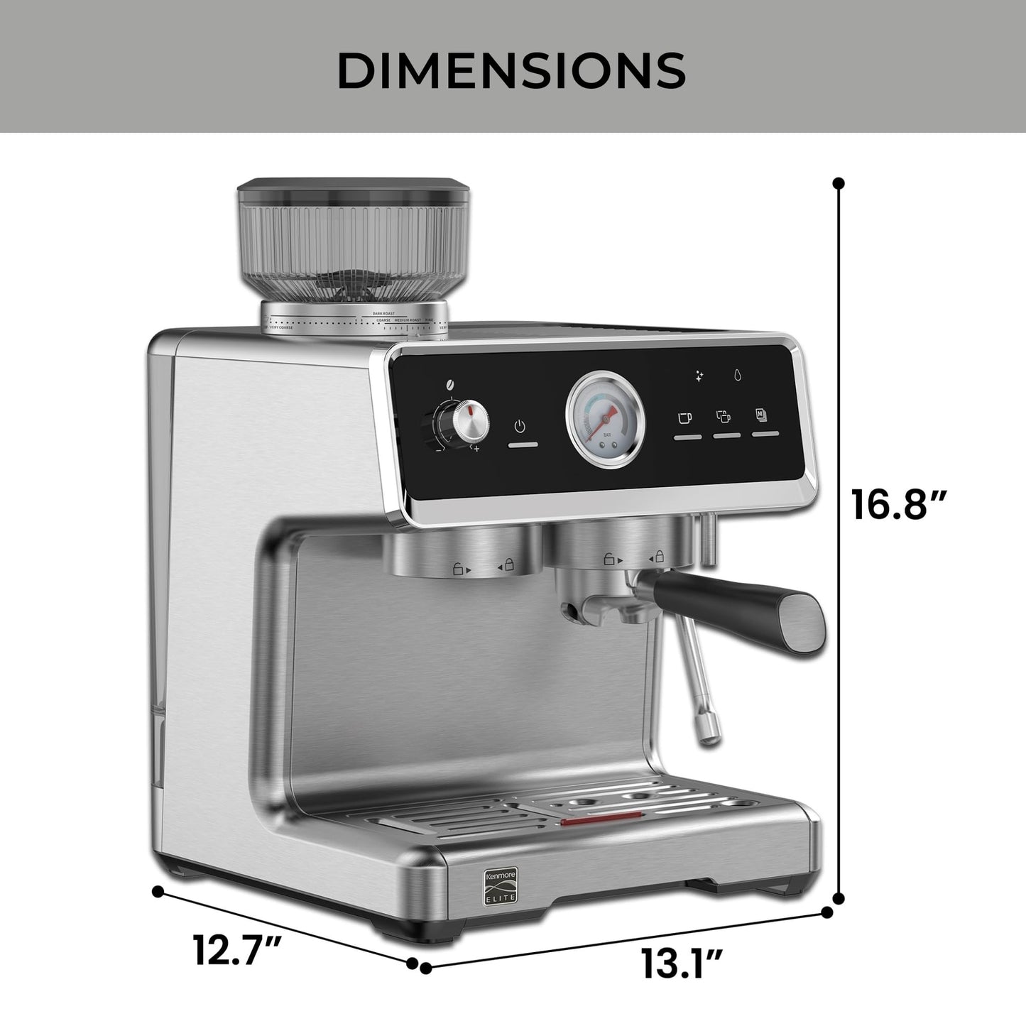 Kenmore Espresso Machine - Automatic Coffee Maker With Auto Tamper, Auto Cleaning, Milk Steamer & Frother, Bean Grinder, Make Professional Barista Style Cappuccino, Latte, Stainless Steel