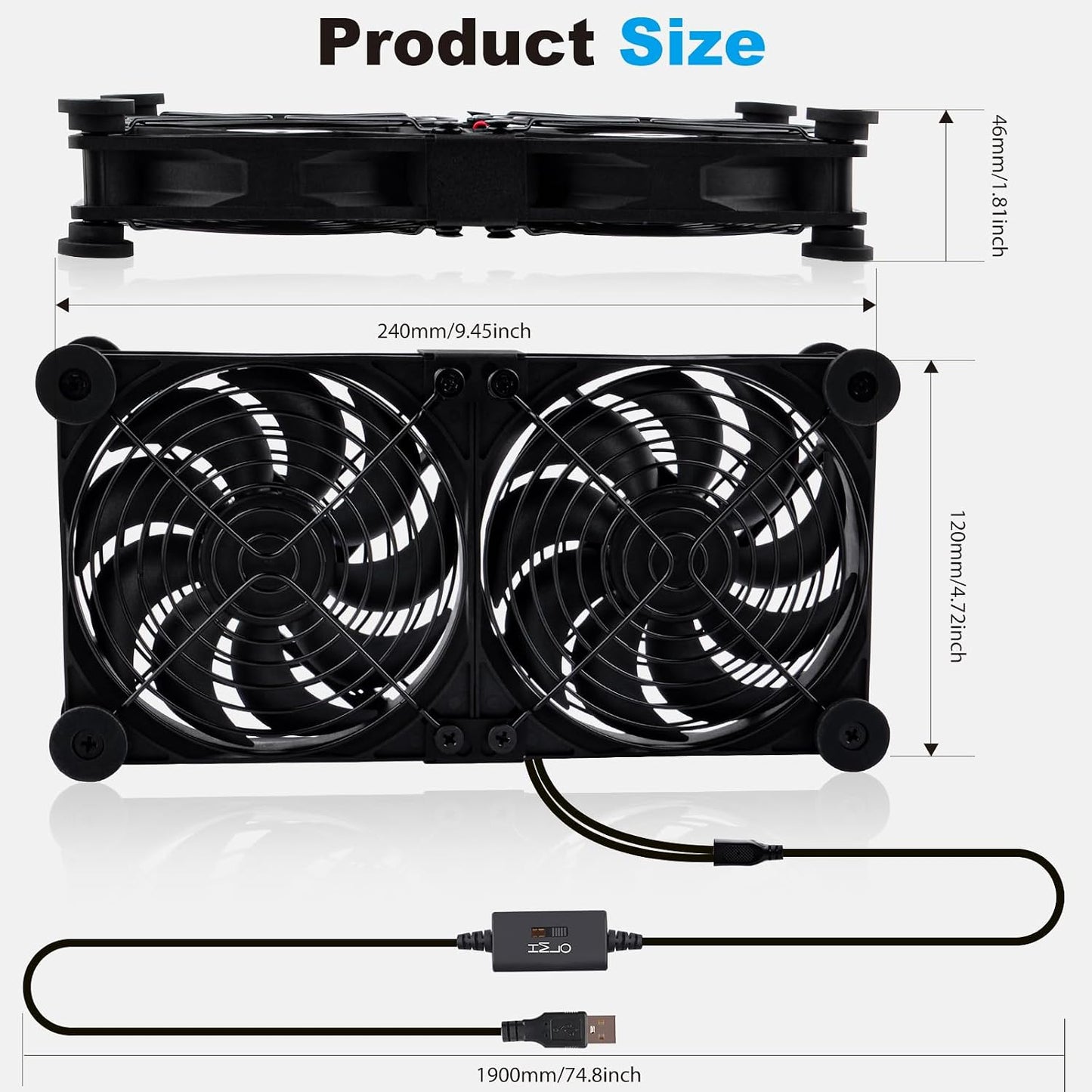 120mm 3-Degree 5V Quiet Dual Router Fan Cooler with L/M/H Speed Controller, DC USB Powered Cooling Case Fan for Router