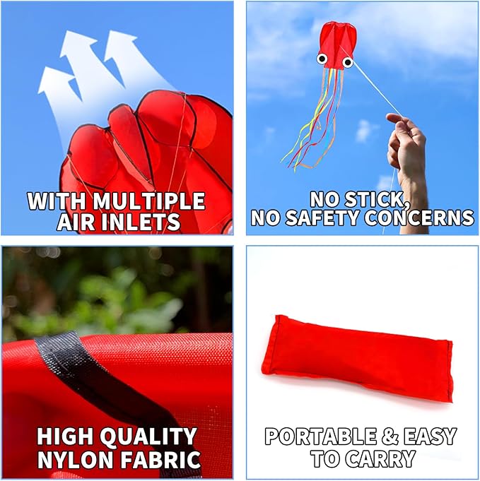 Octopus Kites for Kids & Adults Easy to Fly, 24”x 158” Large Soft Kite Kit for Boys and Girls, Single Line 3D Beach Kite Set for Teens,Perfect for Outdoor Activities
