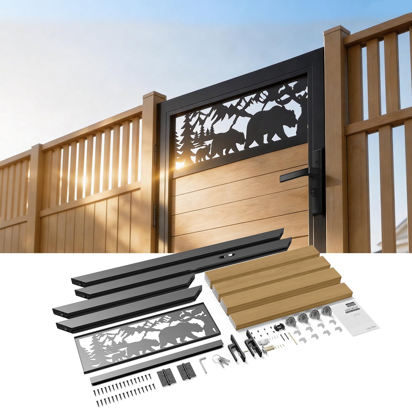 Brukid 3x5 FT Aluminum Fence Gate Kit Wood Grain Aluminum Gate with Decorative Cutout, Lock & Hinges, Left/Right Opening, Weather Resistant for Yard Garden Patio