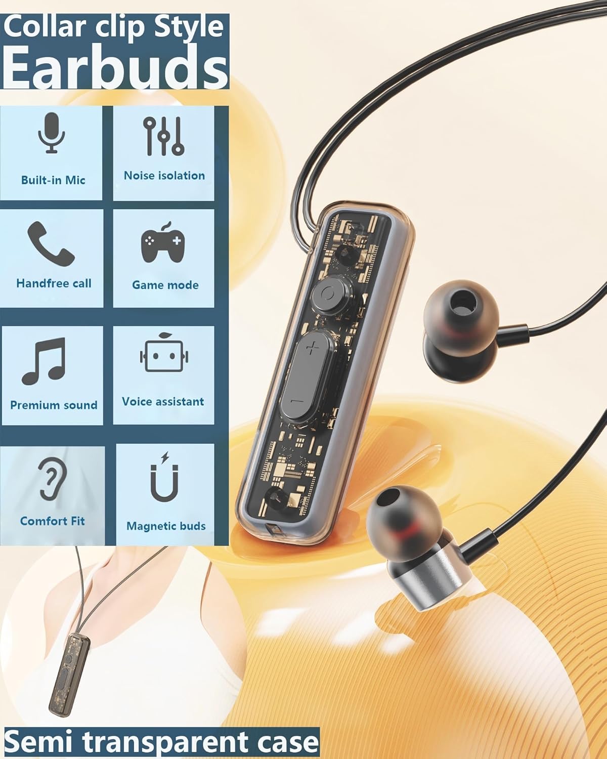 ZXQ Lapel-Clip Neckband Bluetooth Earbuds with Microphone,Magnetic Clip in-Ear Wireless Headphone Earphone