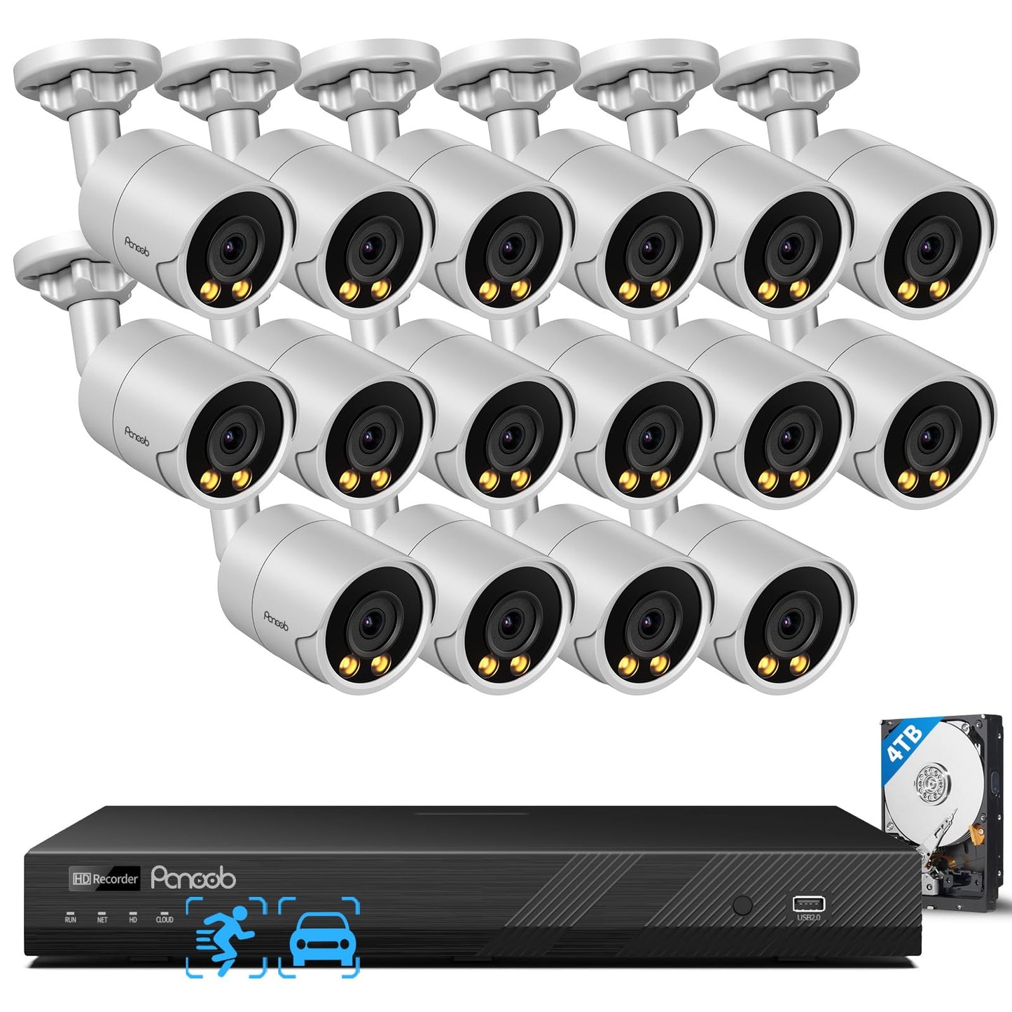 PANOOB 16 Channel Security Camera System 4K for Commercial,4K 16CH PoE NVR 4TB HDD,16x 8MP Wired Outdoor IP Cameras,Smart Color Night Vision,AI Human Vehicle Detection,Built-in microphone,PB38F1616-8M
