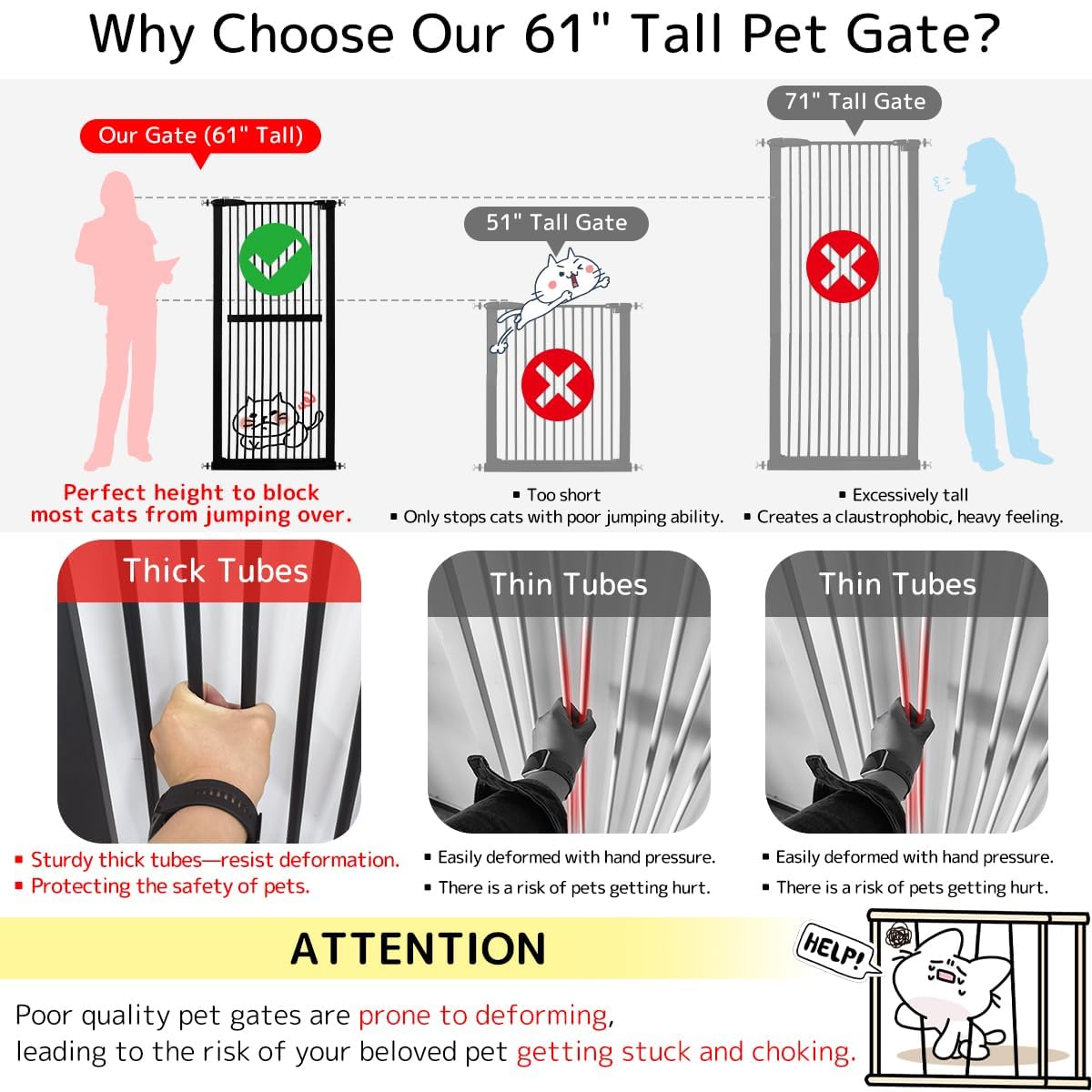 Lumizone Extra Tall Cat Gate 61.02" High Pressure Mounted Extra Wide 63.39"-67.32" (17Sizes) 1.37" Gap No Drilling Auto-Close Tall Pet Gate for Dogs (Black, 63.39"-67.32" W)