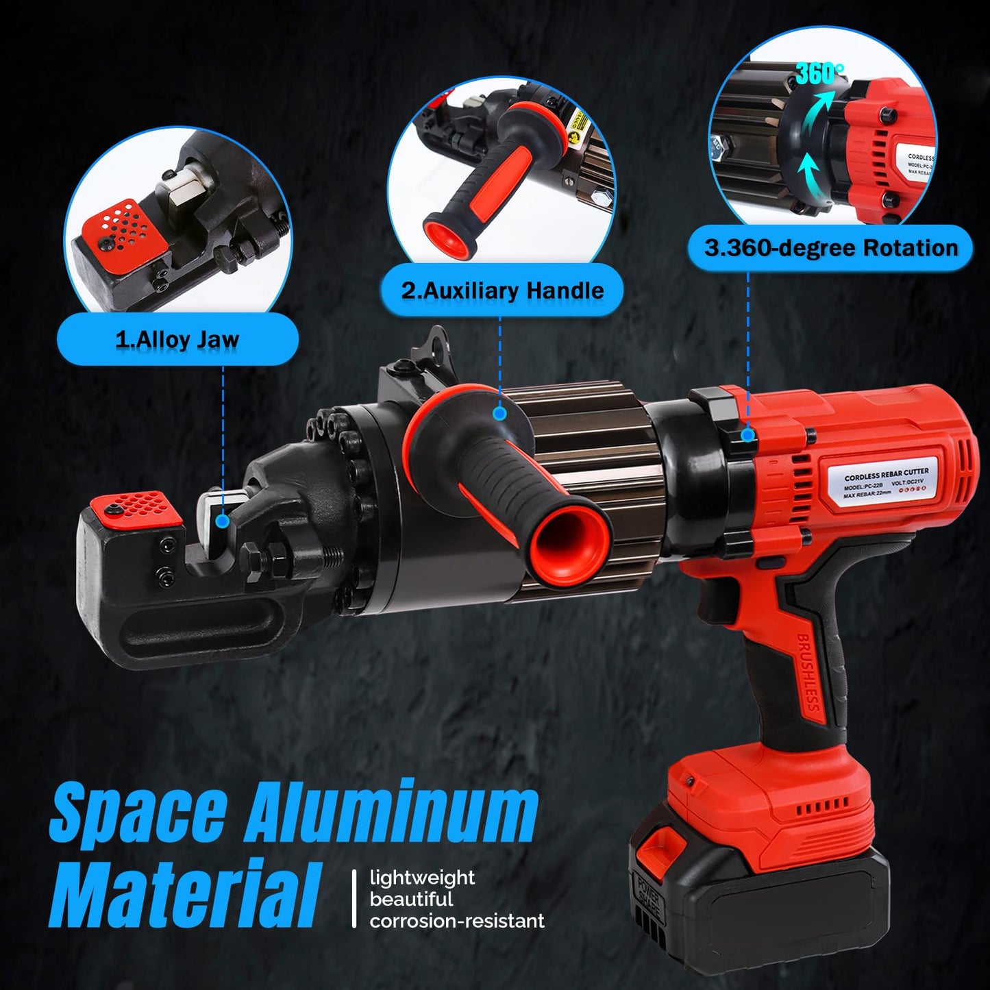 LOSCHEN 360-degree Rotation Cordless Rebar Cutter,Portable Handheld Rebar Cutting Saw,Electric Hydraulic Rebar Cutter,Cutting up from 3/20" (4mm) #3 to 7/8" (22mm) #7 Rebar (Li-ion Battery Version)