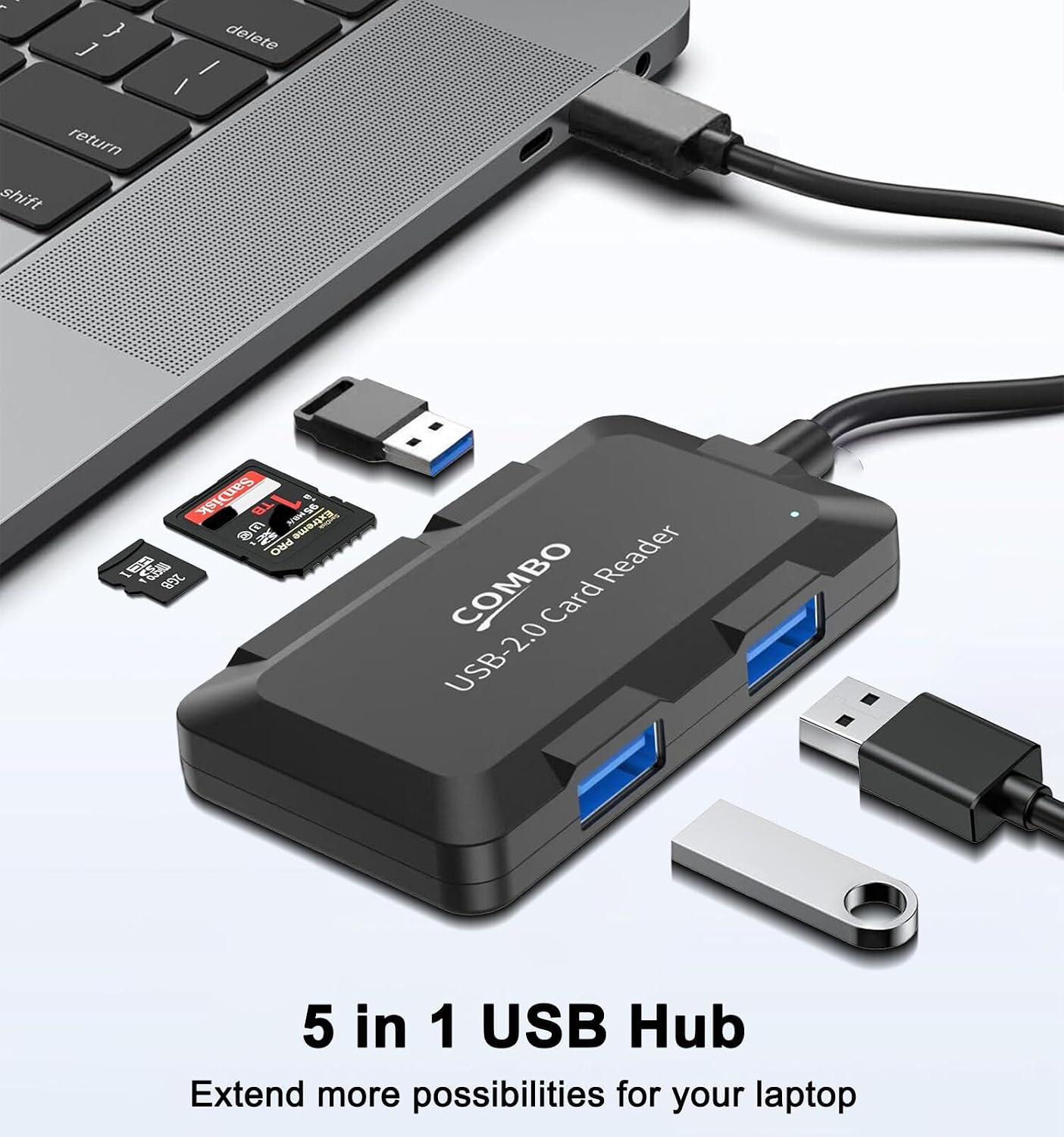 ukiism 5 1 3 More(Black/3.3FT in USB Hub with SD/TF Card Reader, USB Extender with USB-A Ports for Laptop, PC, Desktop
