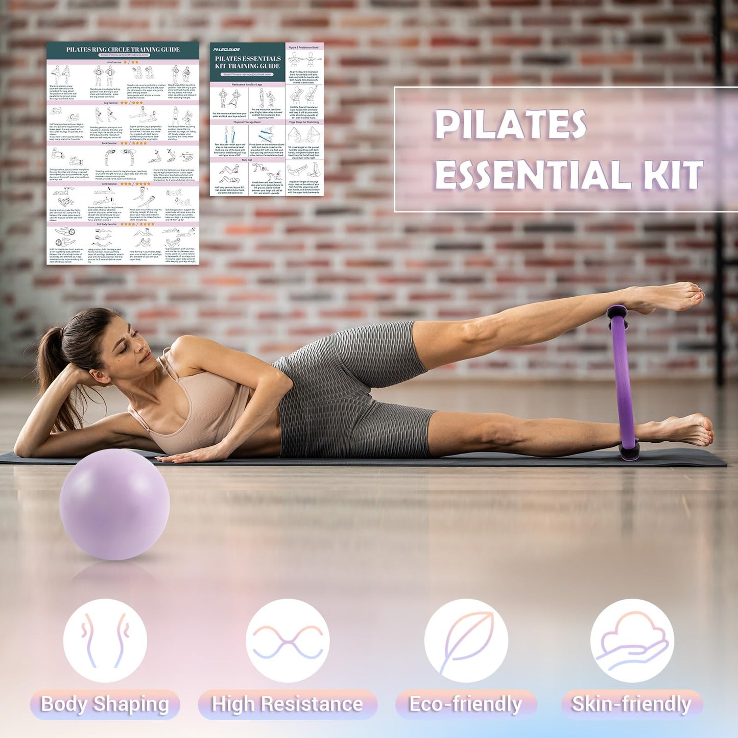 Paleclouds Pilates Ring Set for Women, 12" Pilates Ring and Ball Set with Resistance Bands for Home Workouts, Portable Pilates Kit with Bag & 2 Training Poster for Full Body Exercise(Purple)