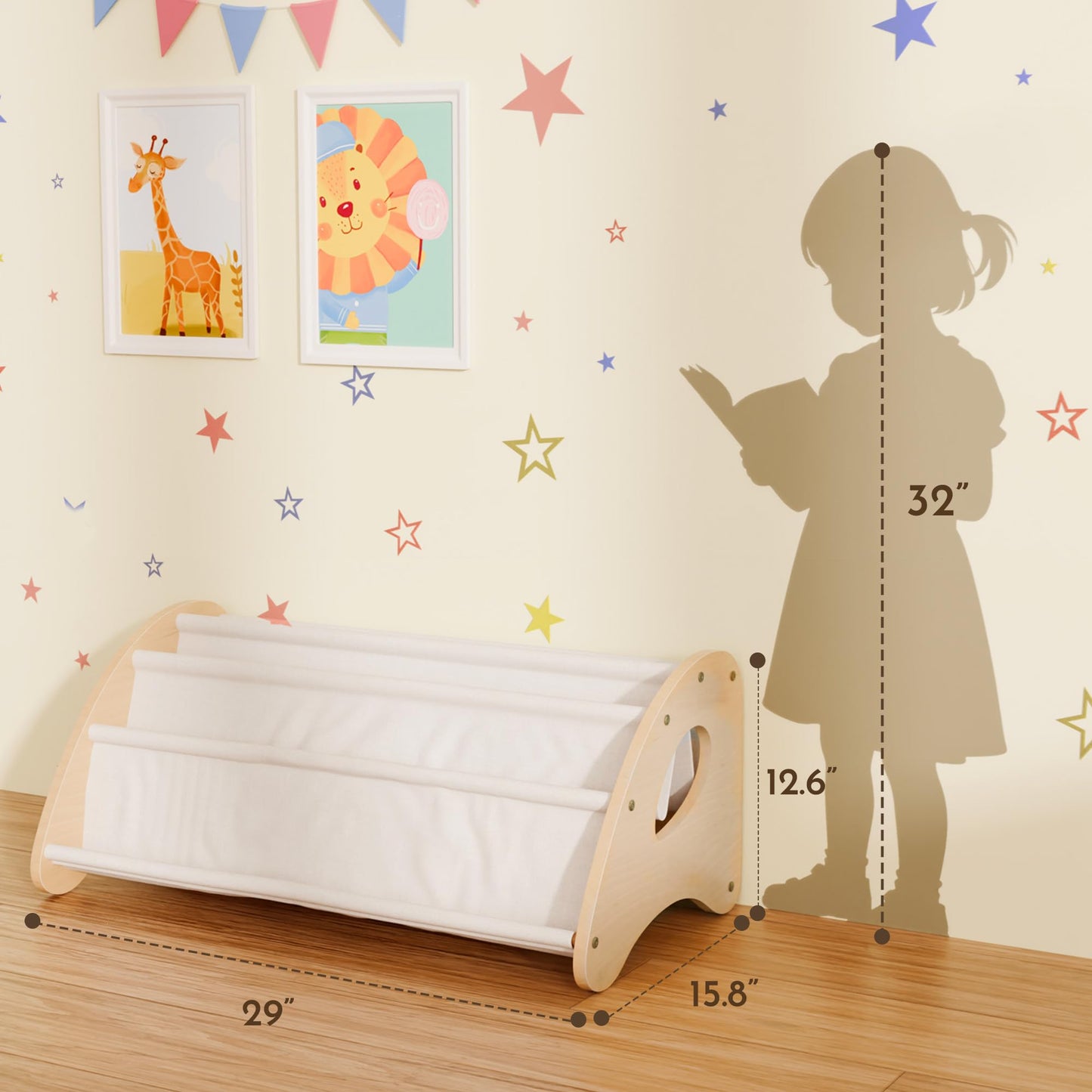 yoopin Kids Bookshelf, 4-Tier Montessori Book Shelf for Kids Rooms, Easy Installation, Eco-Friendly Wooden Storage Organizer,28.7” x 15.7” x 13.6” Natural/White