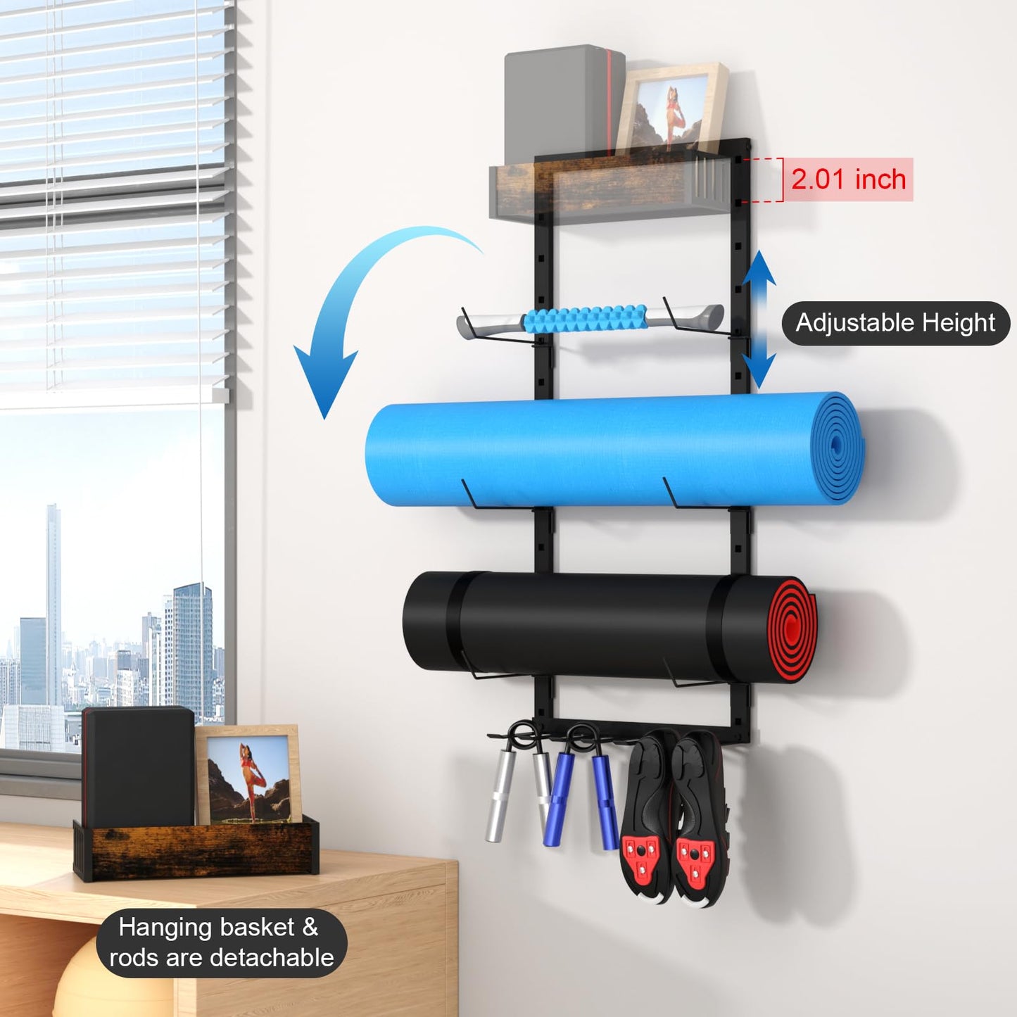 Yoga Mat Holder Wall Mount - Tool-free Adjustable Yoga Mat Rack Shelf, All-in-one Foam Roller Holder for Resistance Bands & Blocks, Space-saving Home Gym Organizer for Small Space Training Storage
