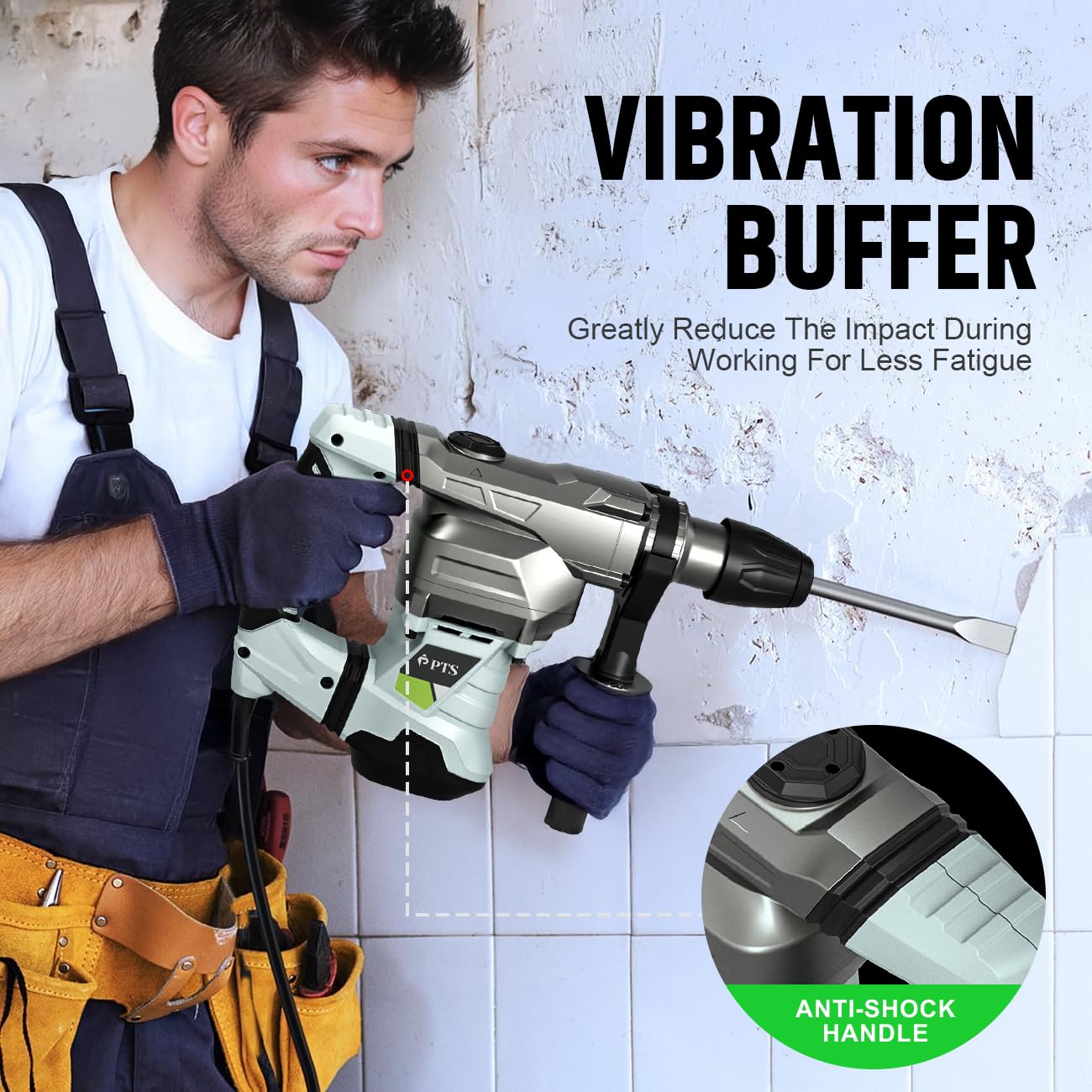 PTS 1-9/16 Inch SDS-Max Rotary Hammer, 13.5 Amp Heavy Duty 3 Functions Corded Concrete Demolition Hammer, w/Vibration Control & Safety Clutch, Includes Drill Bits, Chisels, Carrying Case (Green)