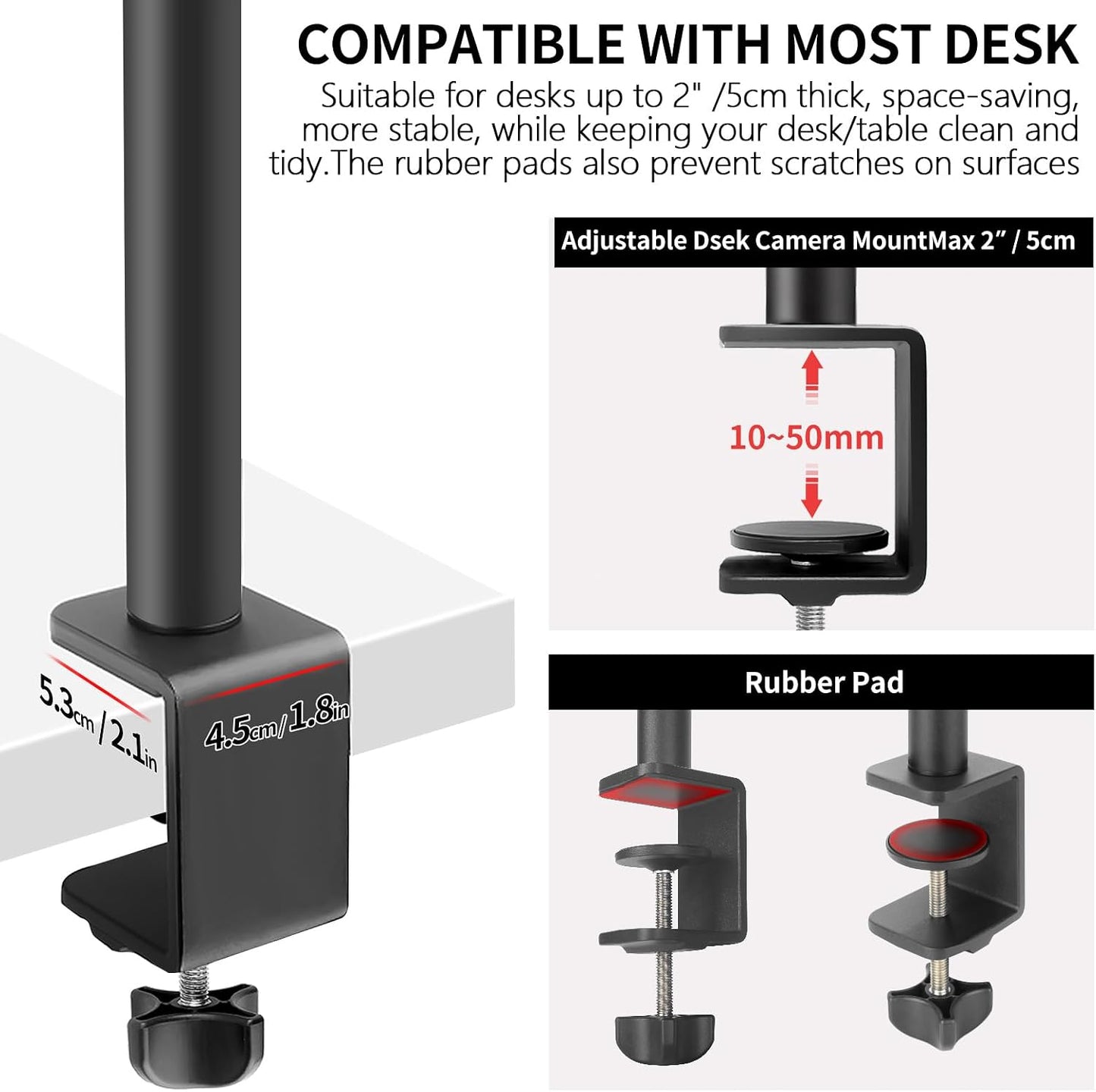 JEBUTU 1/4" Camera Desk Mount Table Stand with Ball Head, Adjustable Light Stand with Screw & C Clamp for DSLR Camera