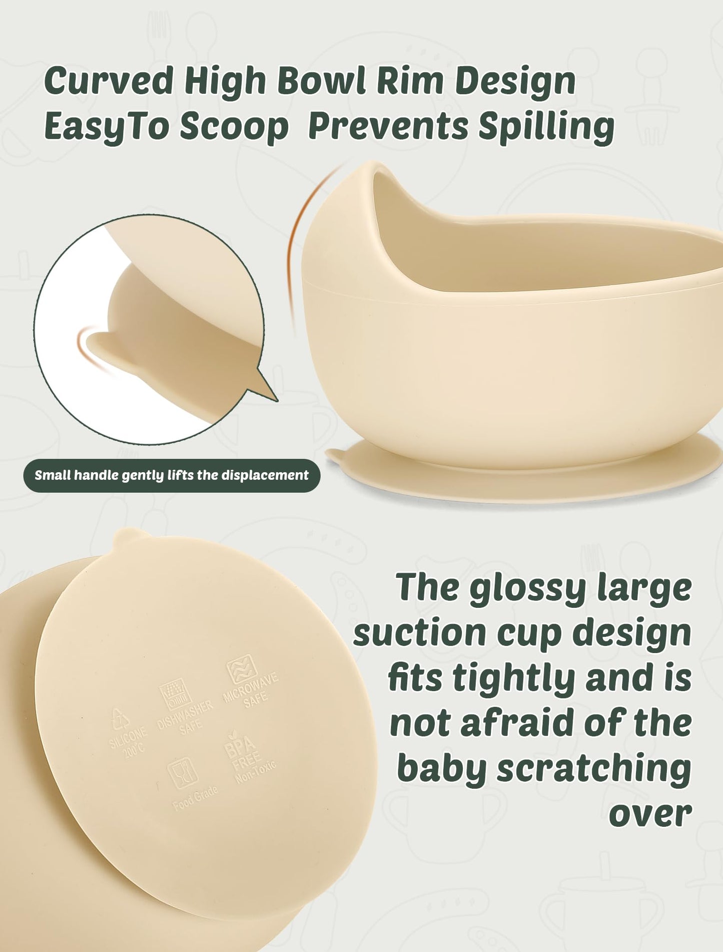 JELLDJK Silicone Baby Feeding Set 9 Pcs, Spill-Proof Suction Plate, Bowl, Bib, Silicone spoon&forks, Wooden Spoons&forks, Training cup with straw and Sippy Cup, Baby Eating Utensils (Beige)