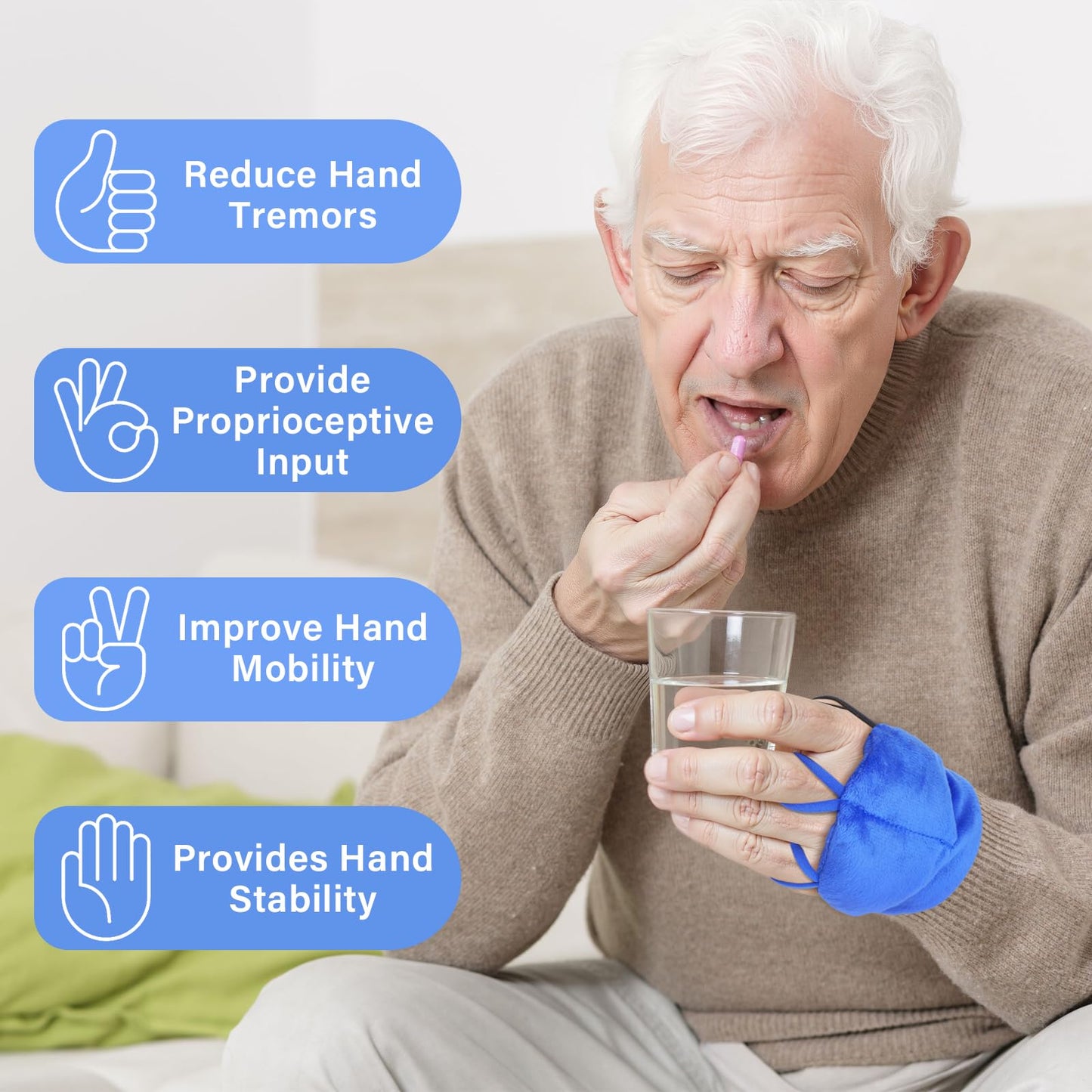Hoomtree 2pcs Weighted Gloves for Hand Tremors and Parkinson's, Improved Hand/Wrist Stability & Mobility, Adjustable Wrist, Weights Strengthening Tool (Blue, S)