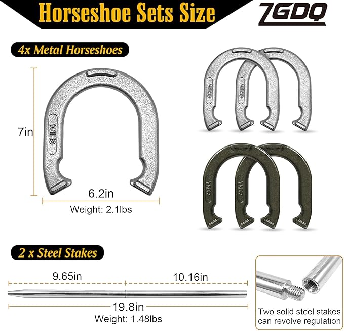 Horseshoe Outside Game,Sports Horseshoes Sets,Horse Shoe Game Kit,Steel Horseshoe Game Sets,Horseshoes Outdoor Game Set for Lawn, Beach, Backyard,Includes 4 Horseshoes, 2 Steel Stakes and Carrying Bag